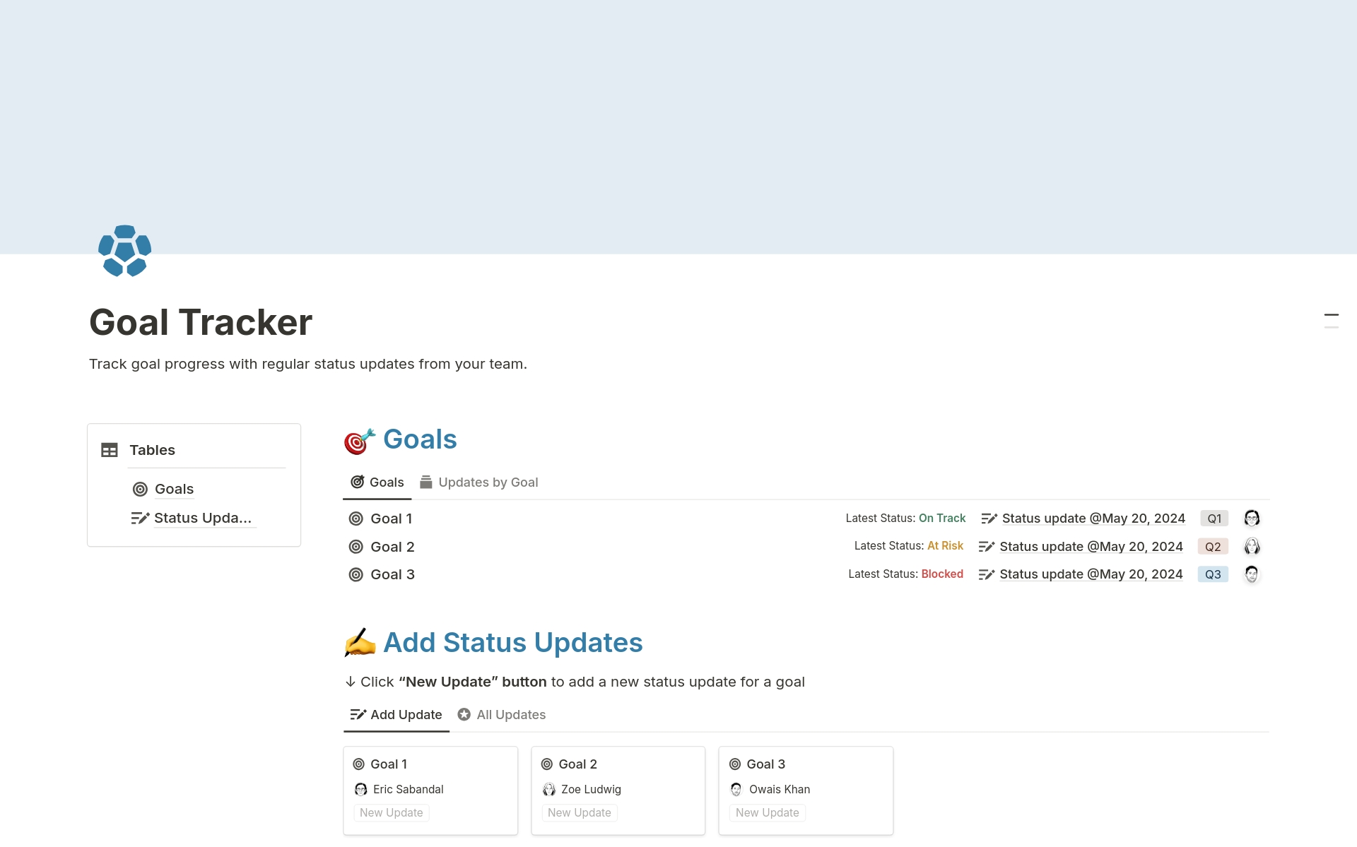 Monitor and update team goals with clear status and progress tracking.