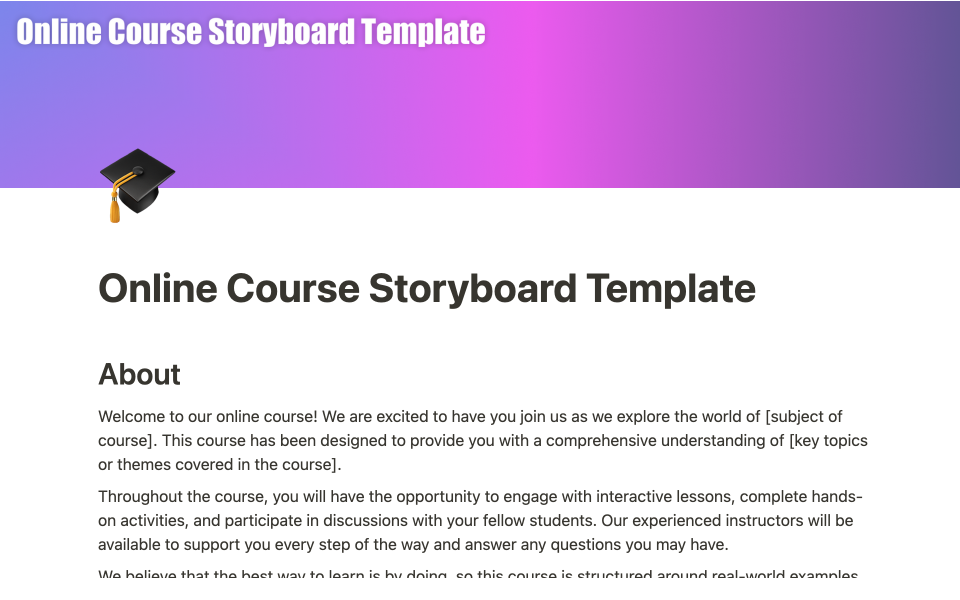 Uma prévia do modelo para Online Course Storyboard