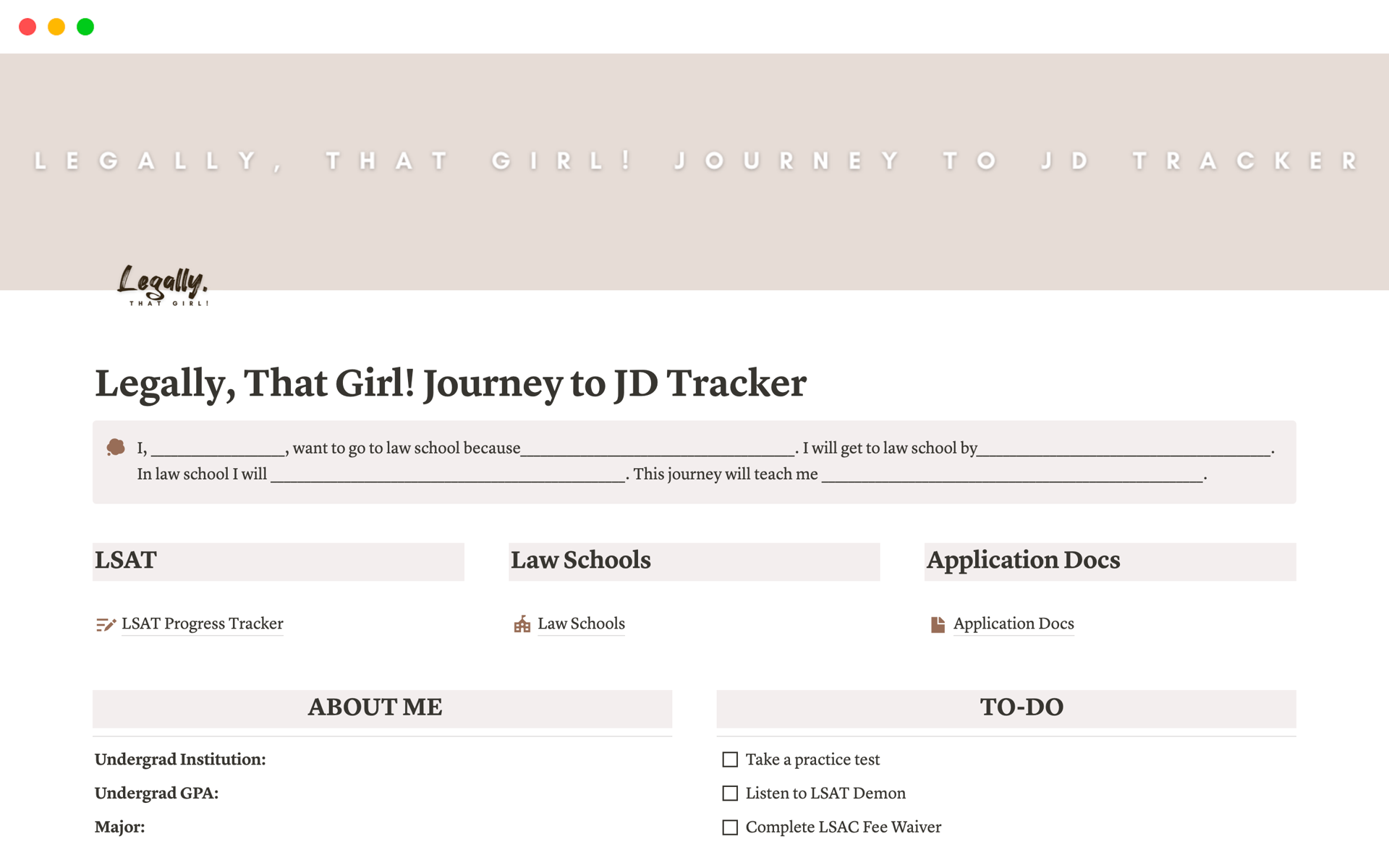 En forhåndsvisning av mal for Legally, That Girl! Journey to JD Tracker