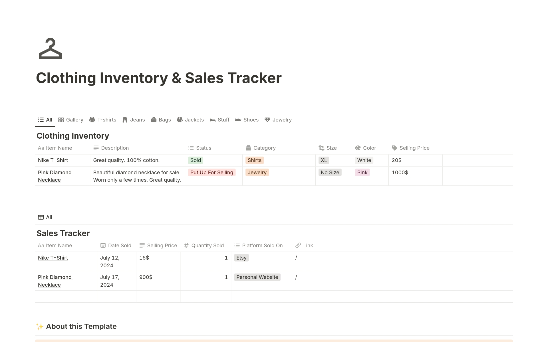 En forhåndsvisning av mal for Clothing Inventory & Sales Tracker