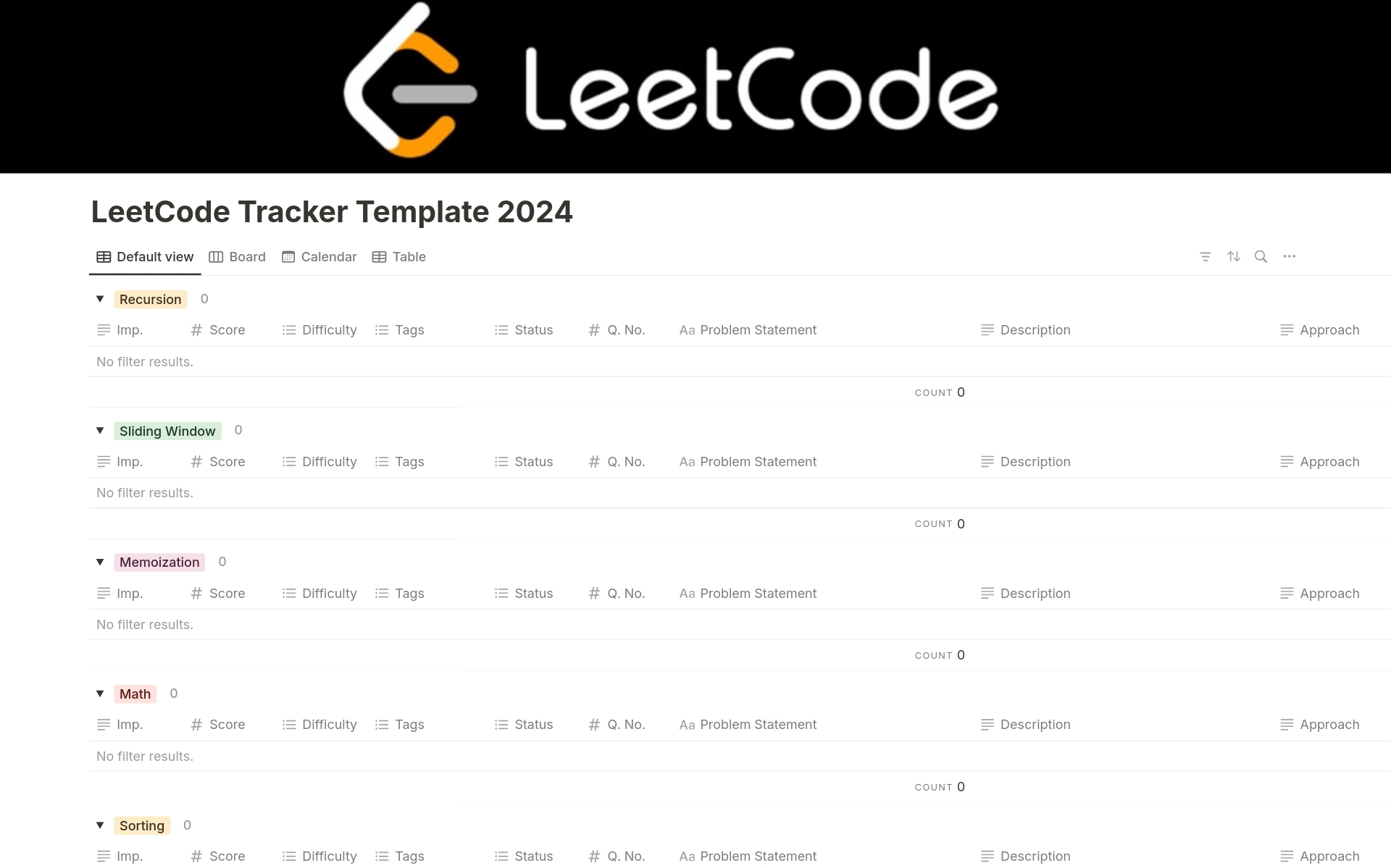 Vista previa de plantilla para Leetcode Tracker 2024