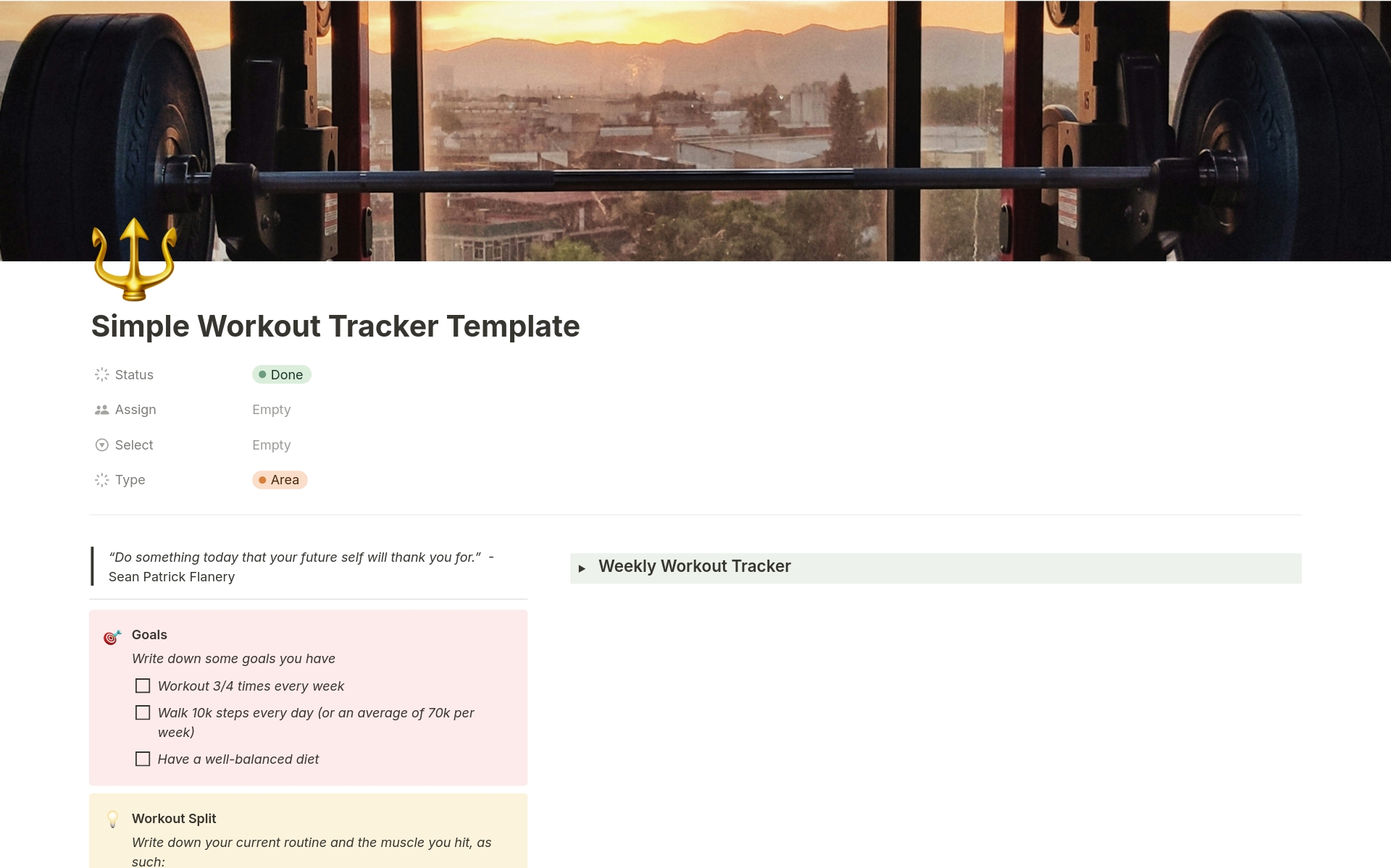 Ready to take control of your fitness journey? Duplicate my Simple Workout Tracker Template on Notion FOR FREE today and start making progress towards your fitness goals💪

Track your workouts, set intentions, and stay motivated with ease