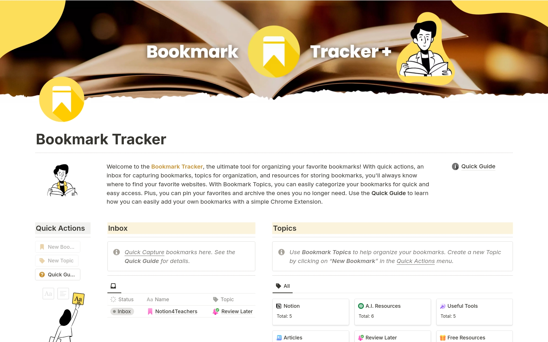 En förhandsgranskning av mallen för Bookmark Tracker