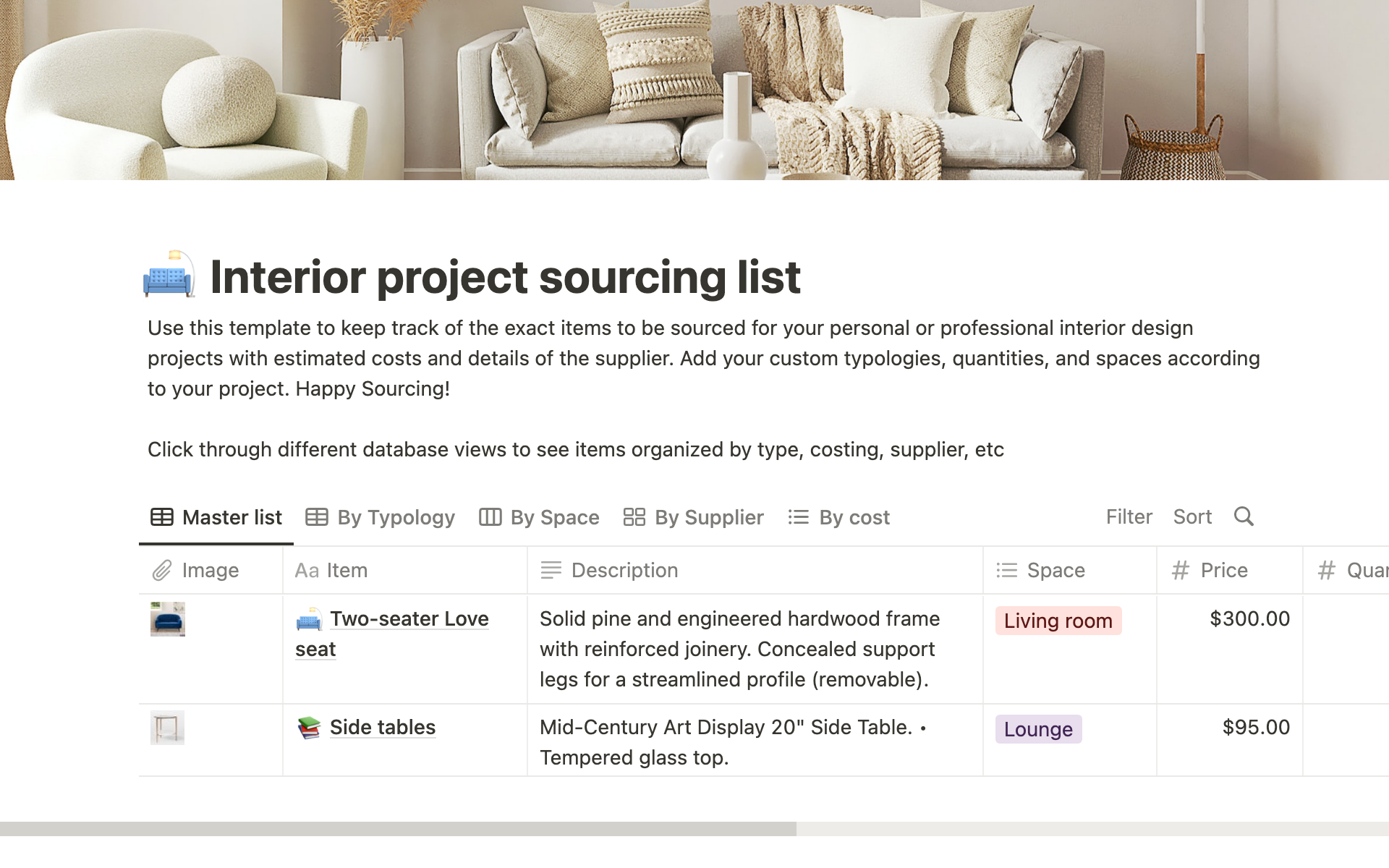 Interior project sourcing listのテンプレートのプレビュー