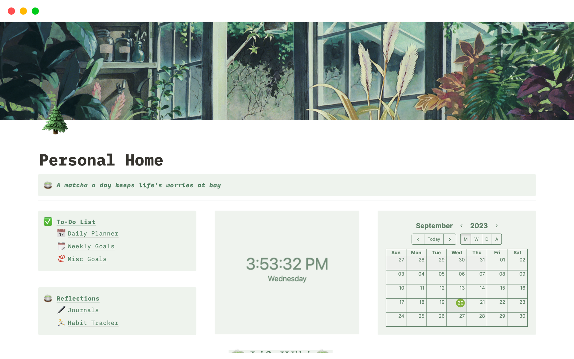 En forhåndsvisning av mal for Chill Green Personal Home Dashboard