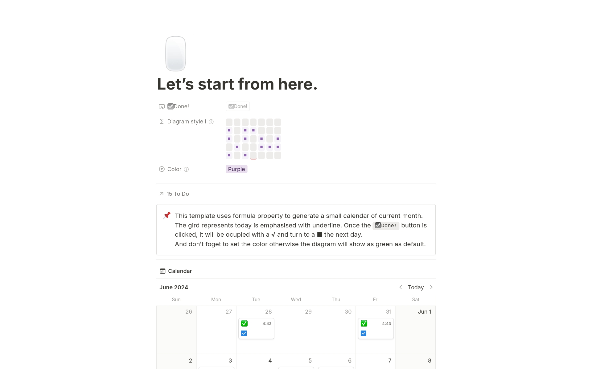 A habit tracker with real-time diagram powered with Notion’s newest features - Formula 2.0 and Button in database.