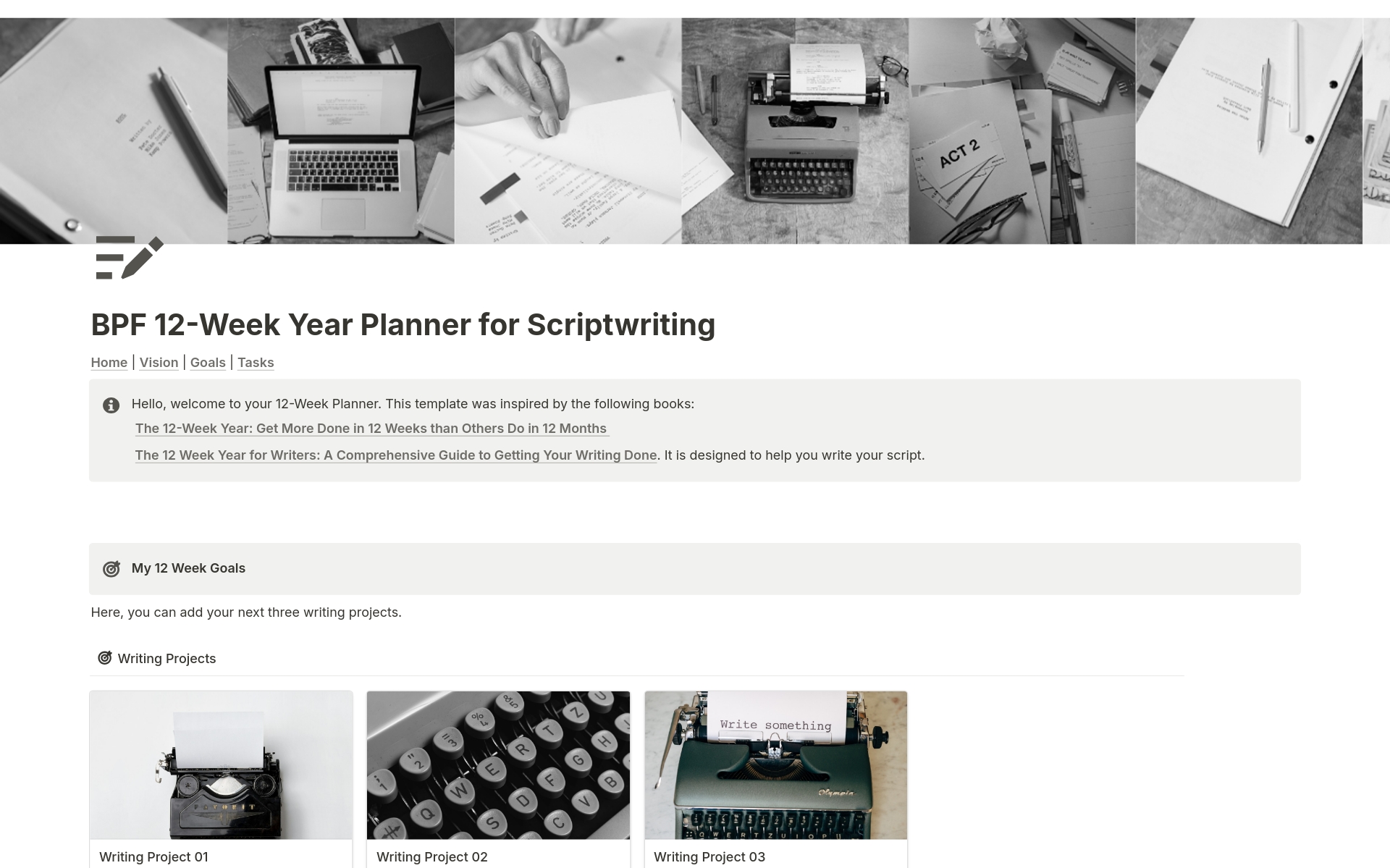 Introducing our comprehensive 12-week year Notion Template for Scriptwriting. Designed to streamline your writing process, this template empowers you to fulfill your writing projects within a short span of 12 weeks, using the proven 12-week year method.