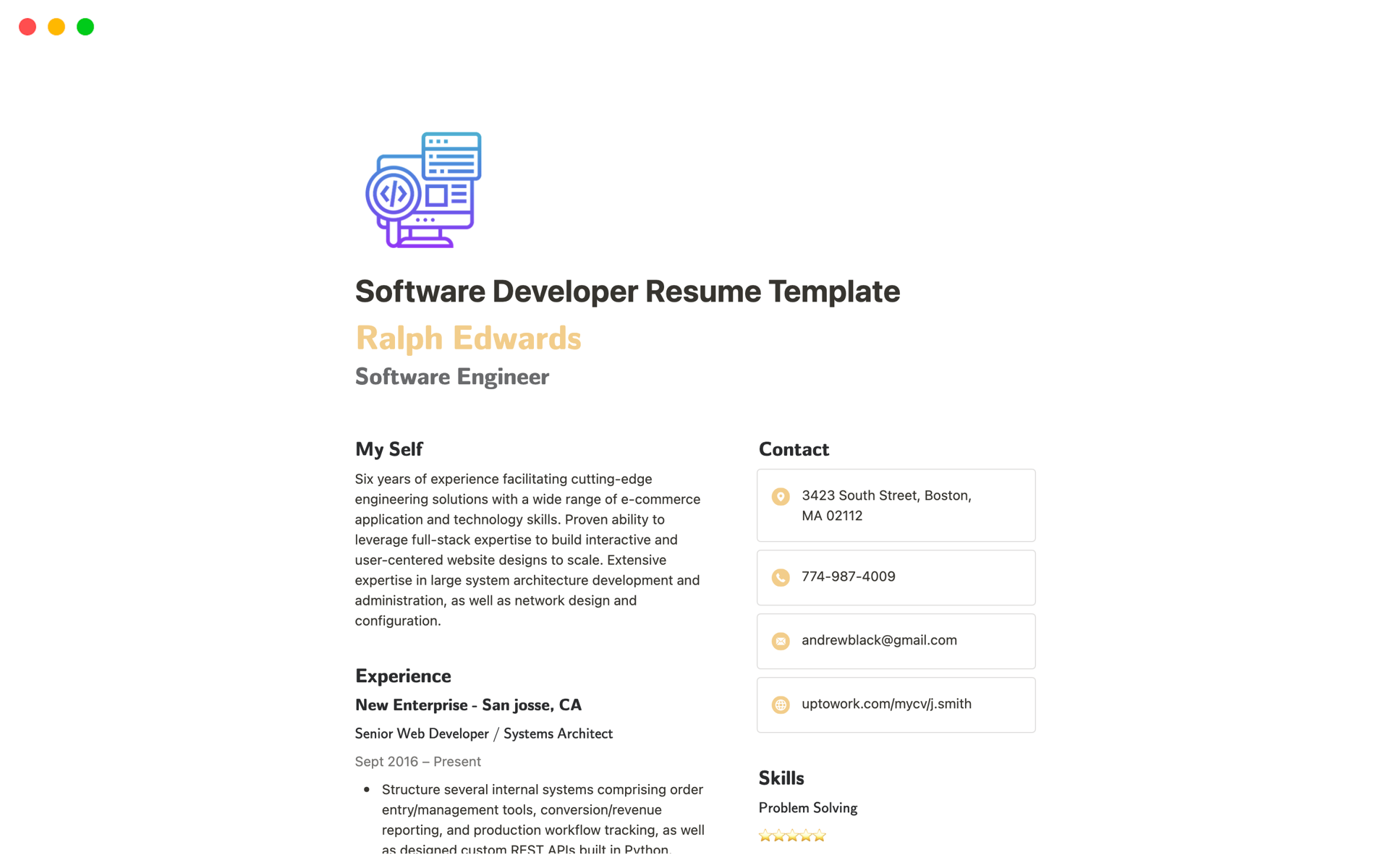 En forhåndsvisning av mal for Software Developer Resume