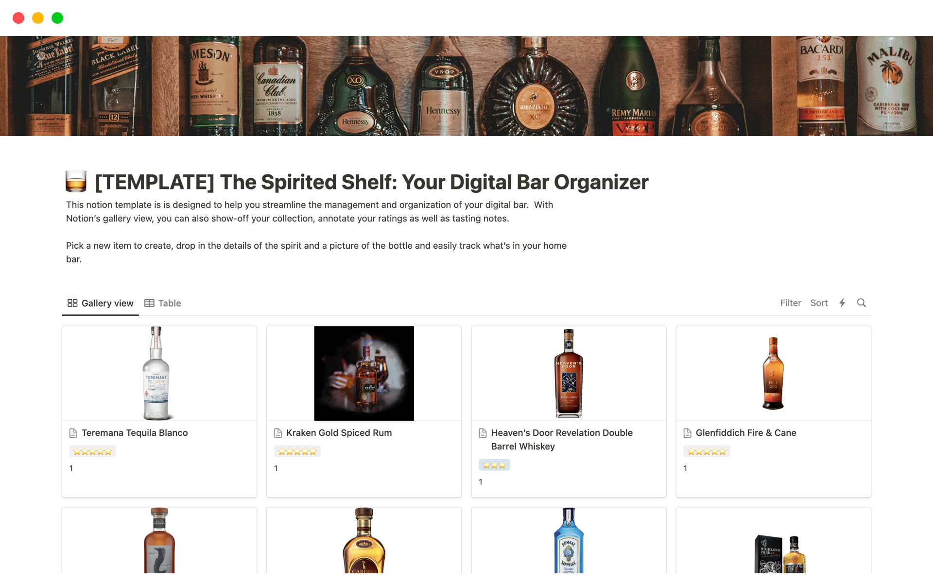 A template preview for The Spirited Shelf: Your Digital Bar Organizer