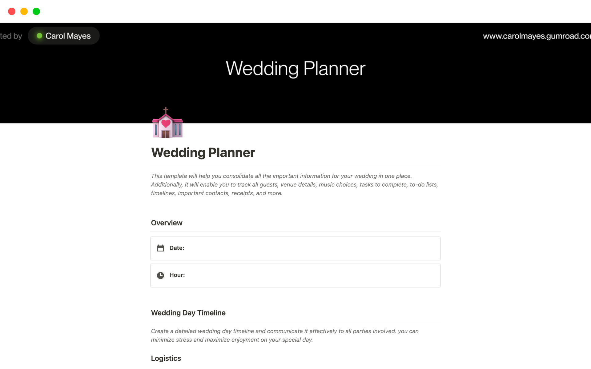 En forhåndsvisning av mal for Wedding Planner