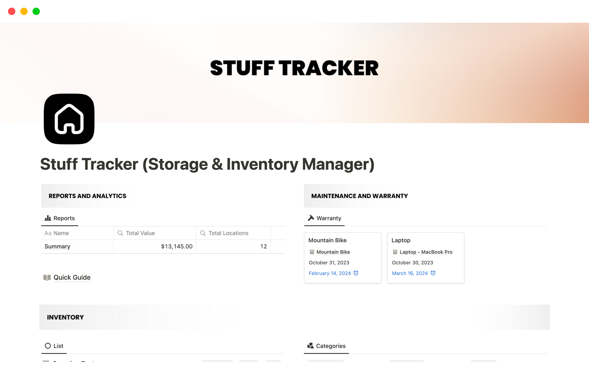 En forhåndsvisning av mal for Stuff Tracker (Storage & Inventory Manager)