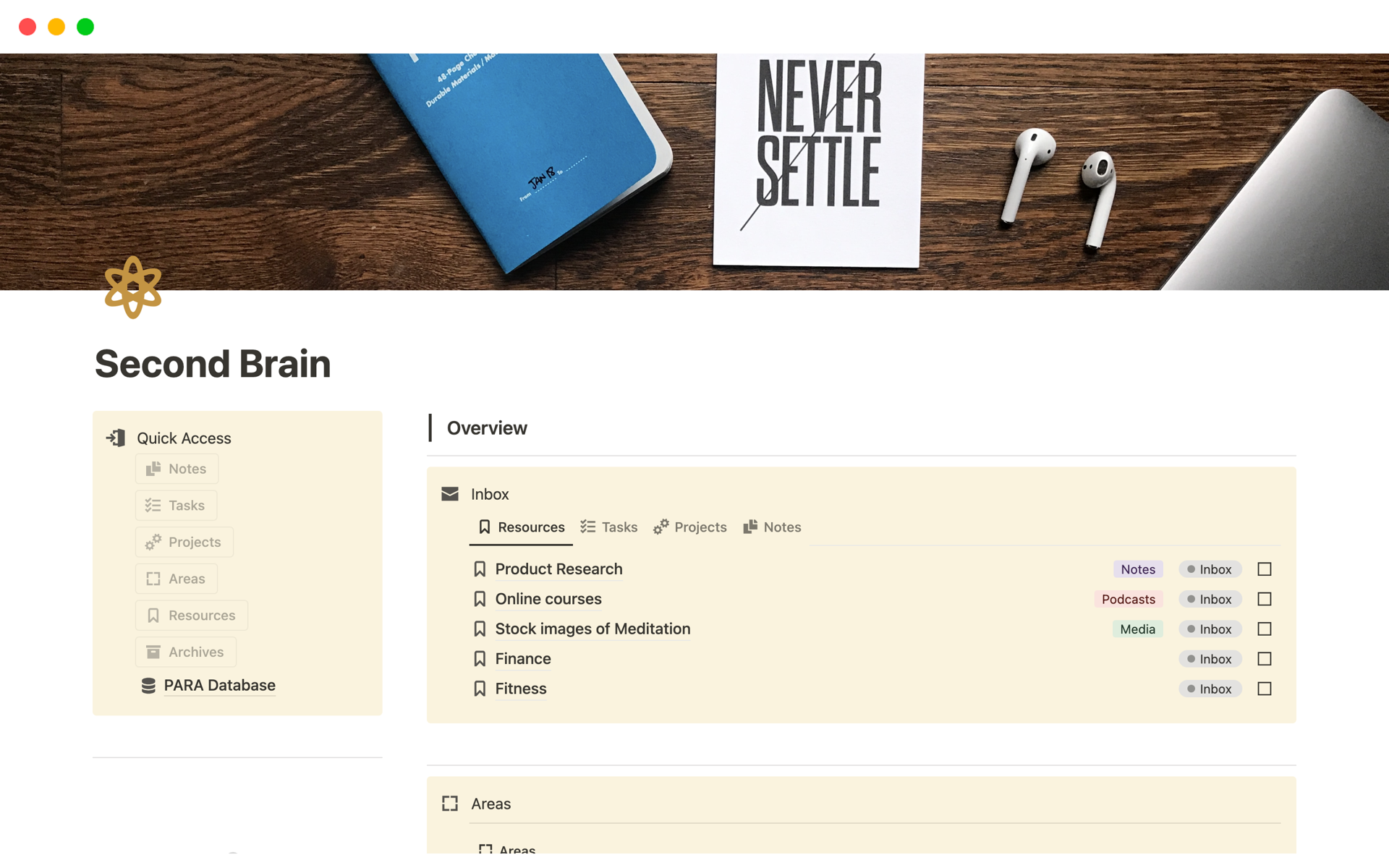 Second Brain Notion template promises to deliver, offering you a superior tool that enhances productivity, aids note-taking, sharpens goal-setting, combats procrastination, and fosters healthy habits.