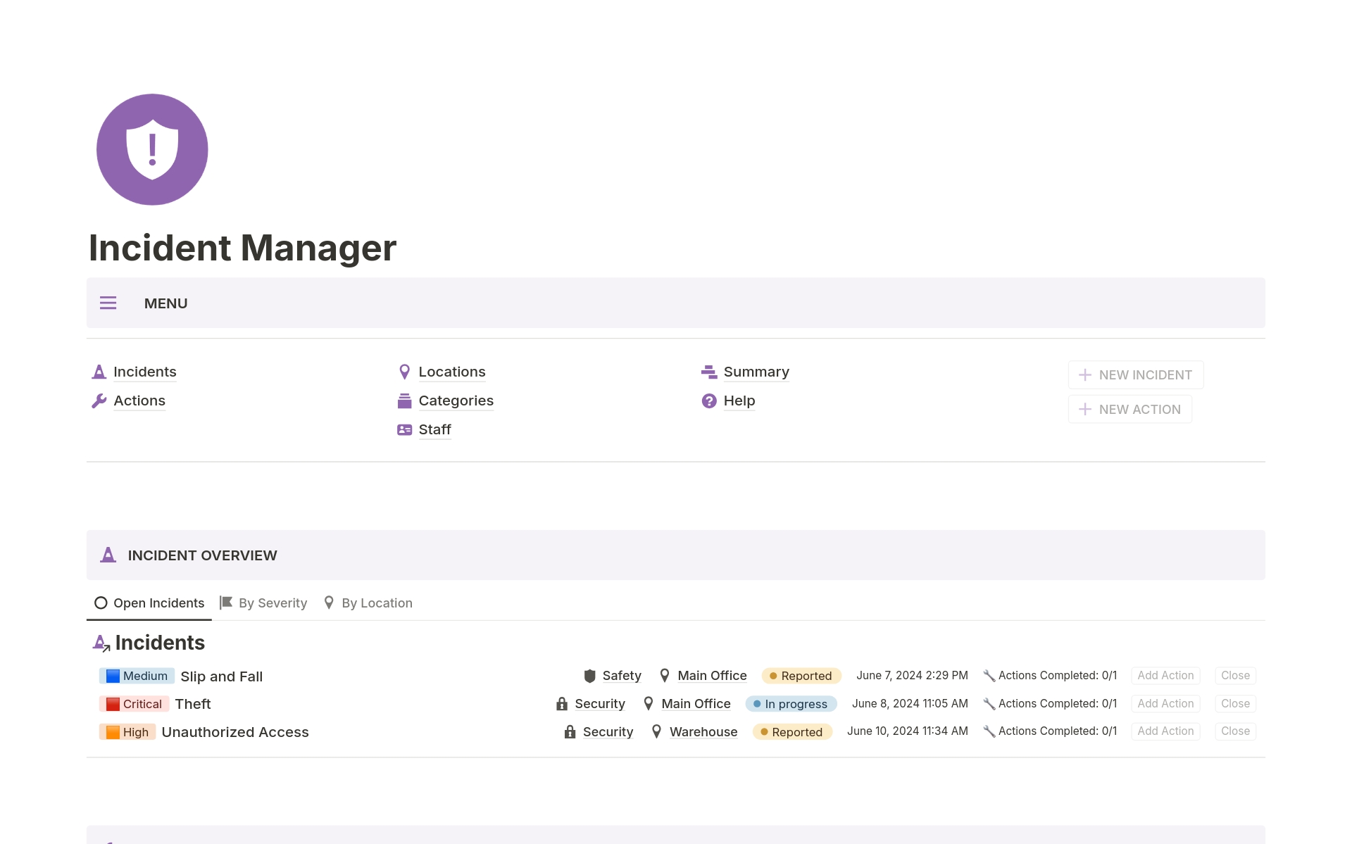Simplify incident tracking and management with this efficient Incident Manager template. Improve safety protocols, track incidents in real-time, and collaborate seamlessly with your team.