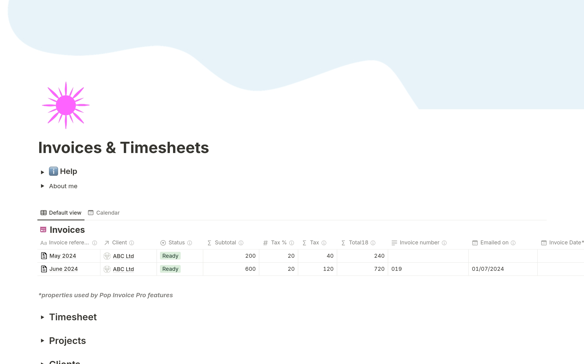 A template preview for Invoices and Timesheets