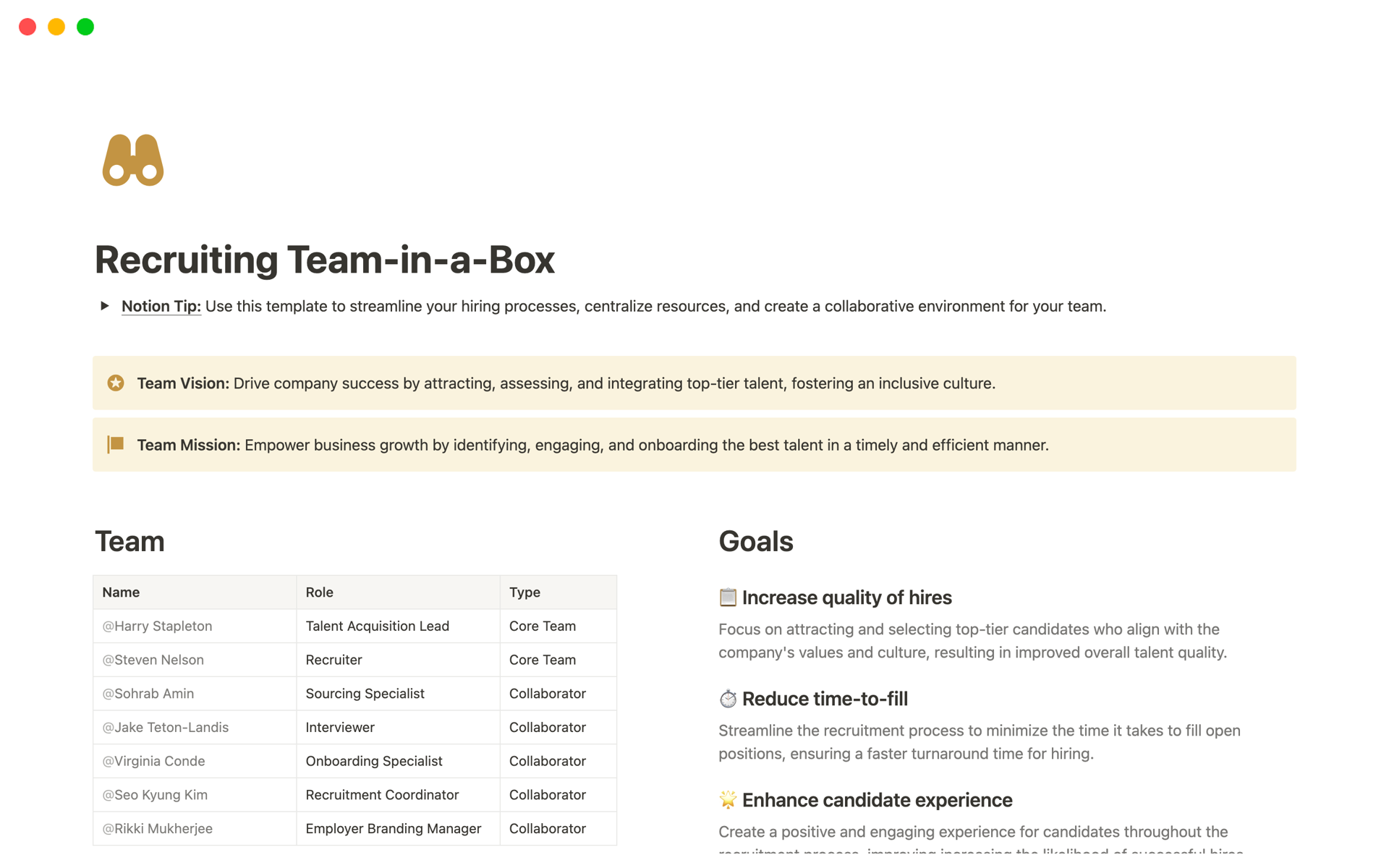 En förhandsgranskning av mallen för Recruiting Team in-a-Box