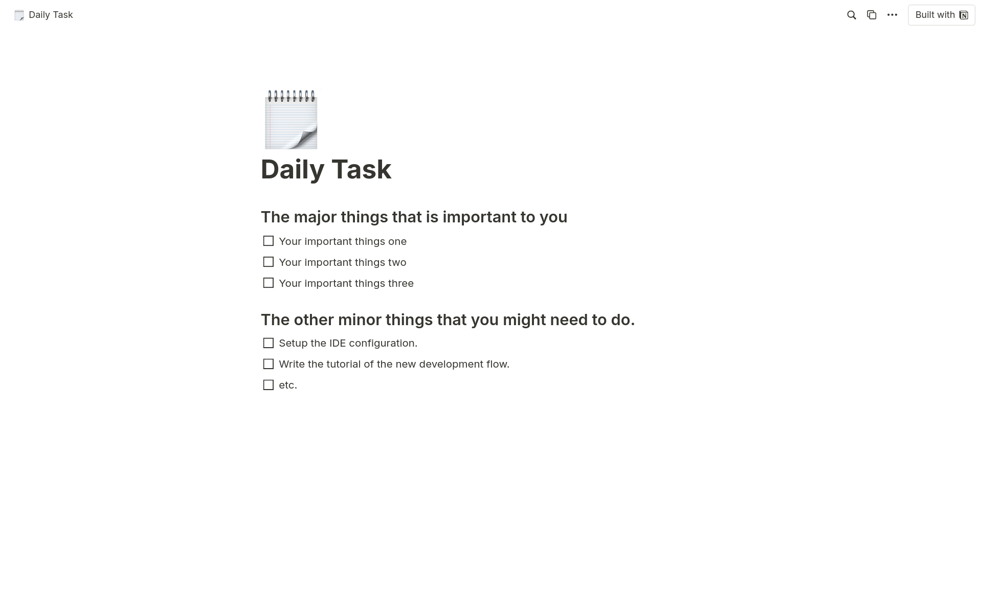 The template is for recording daily tasks with three major things and other minor things.