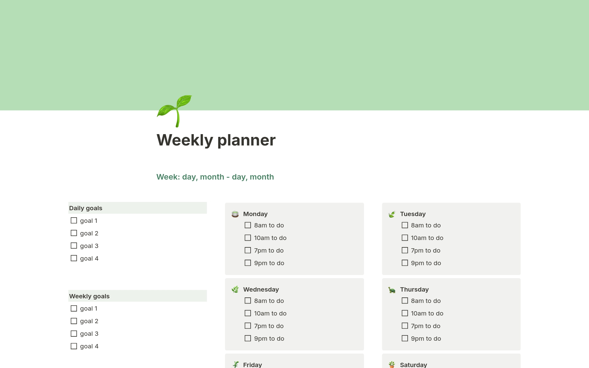 En förhandsgranskning av mallen för Green weekly planner