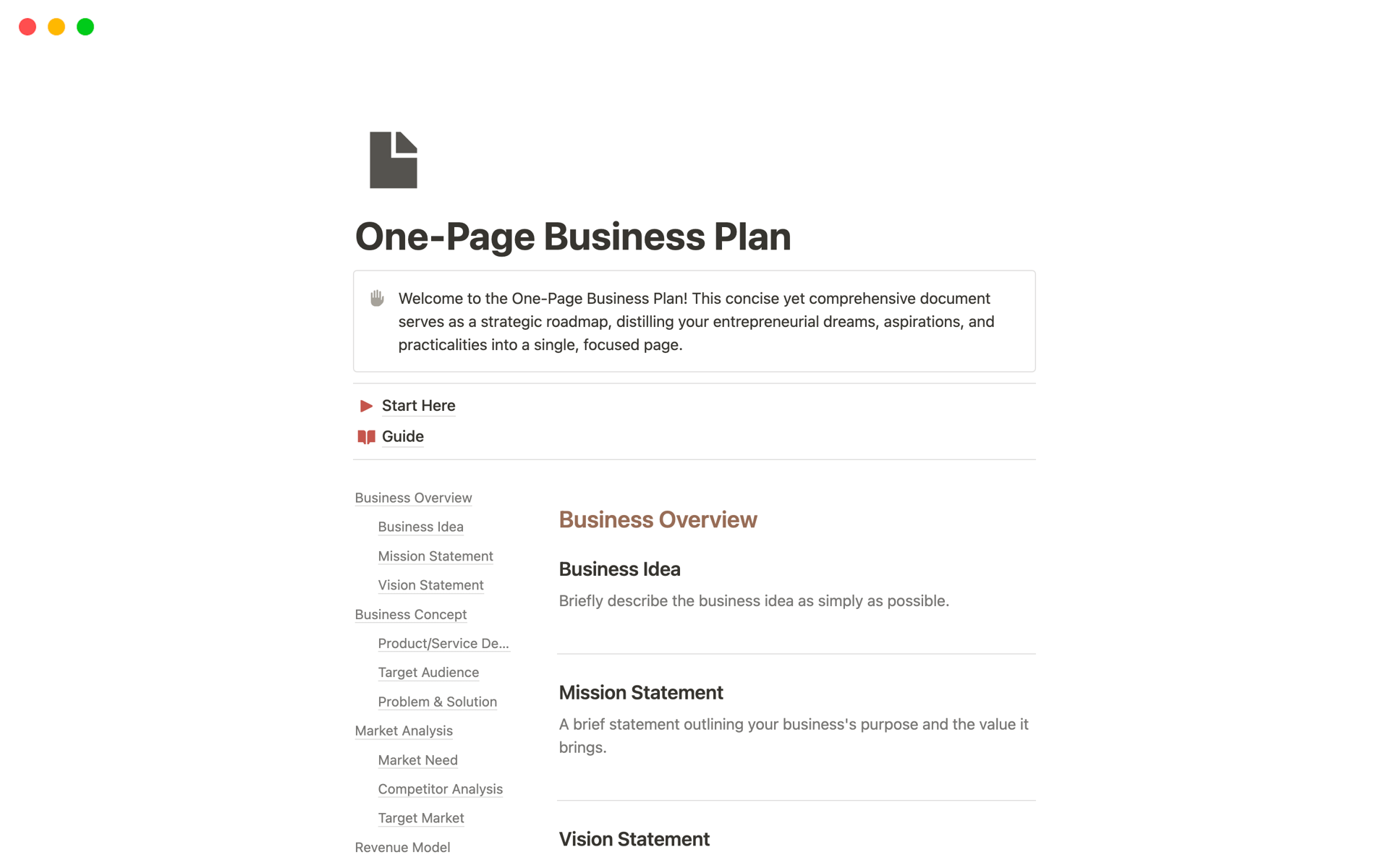 En forhåndsvisning av mal for One-Page Business Plan