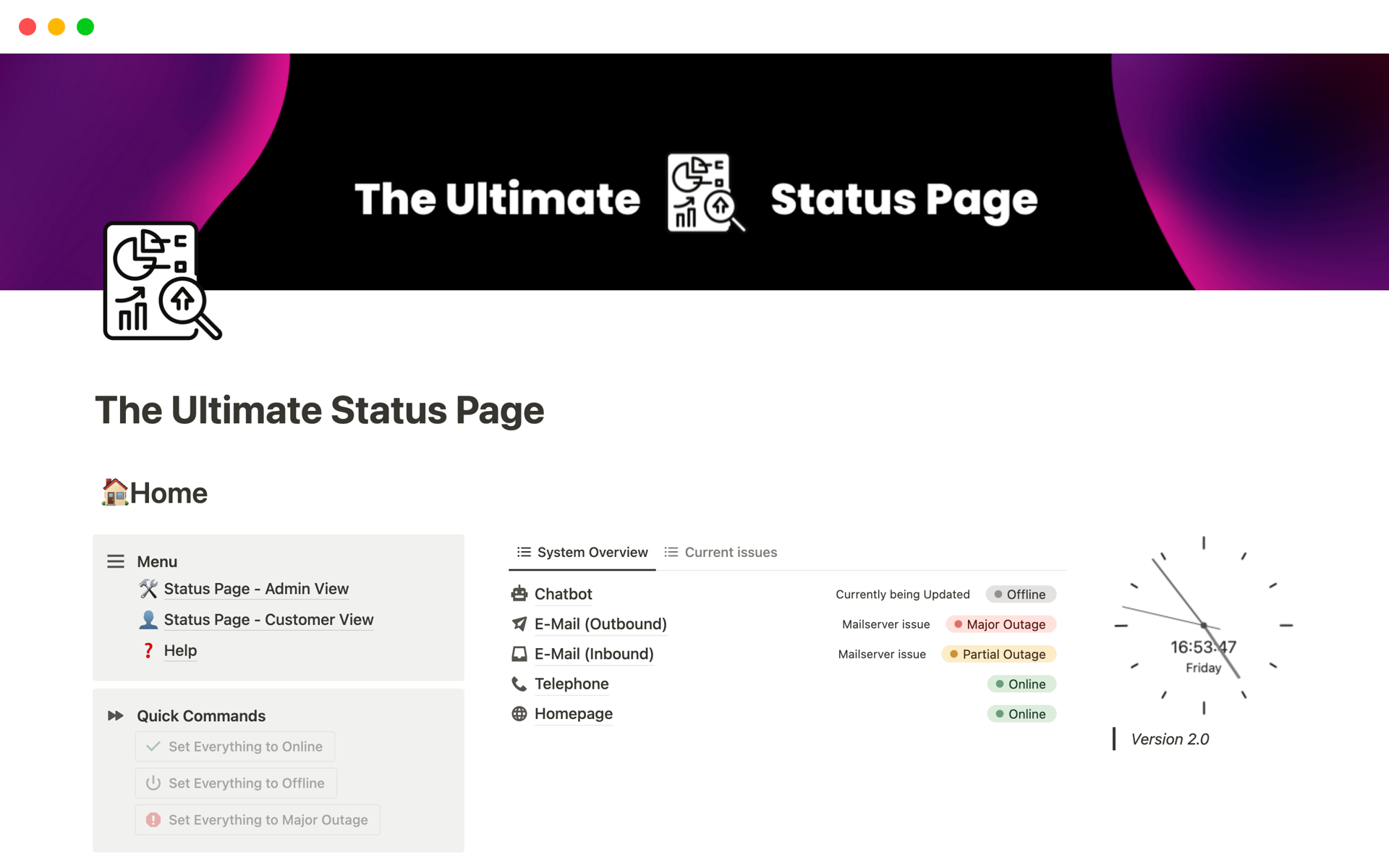 En förhandsgranskning av mallen för The Ultimate Status Page