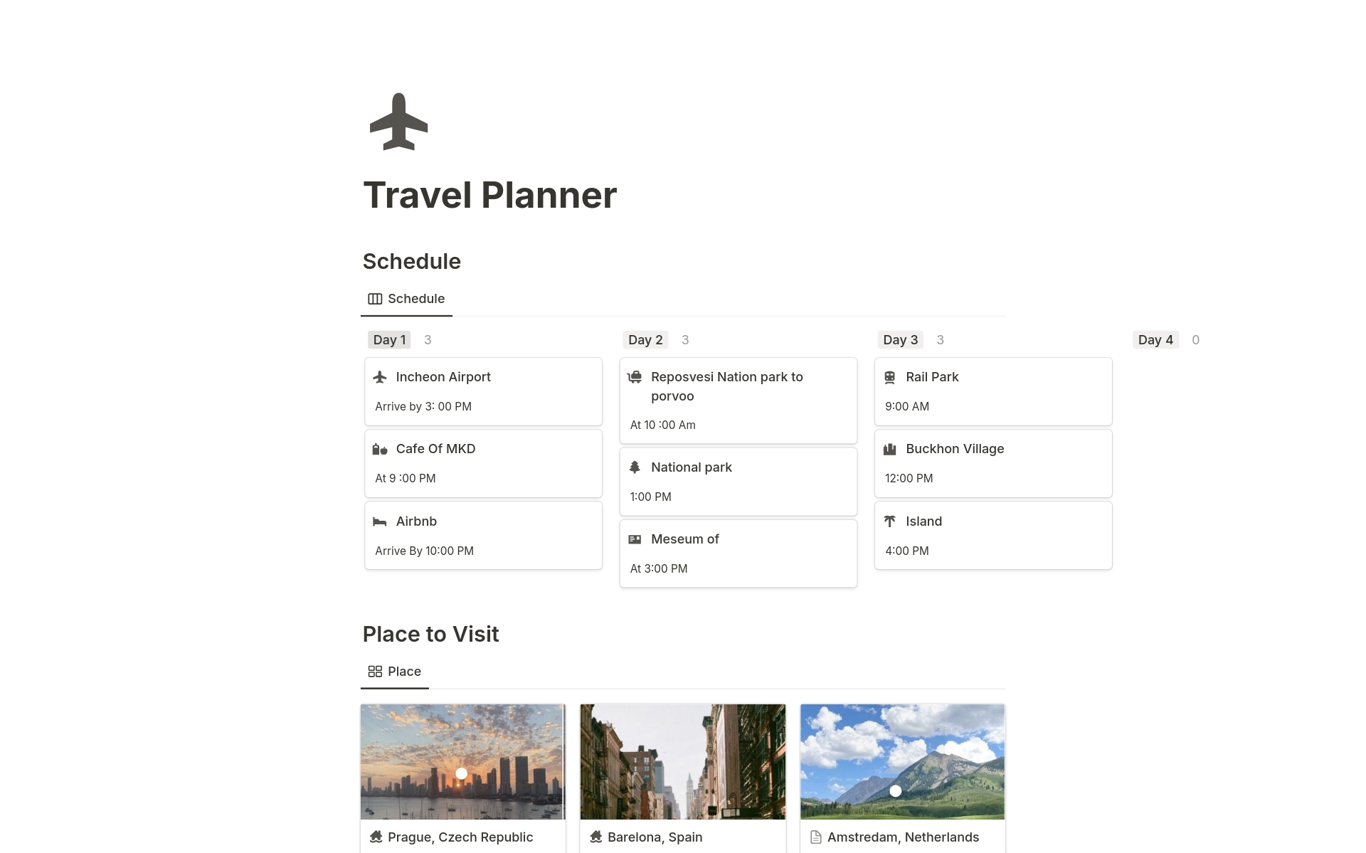 En förhandsgranskning av mallen för Travel Planner 