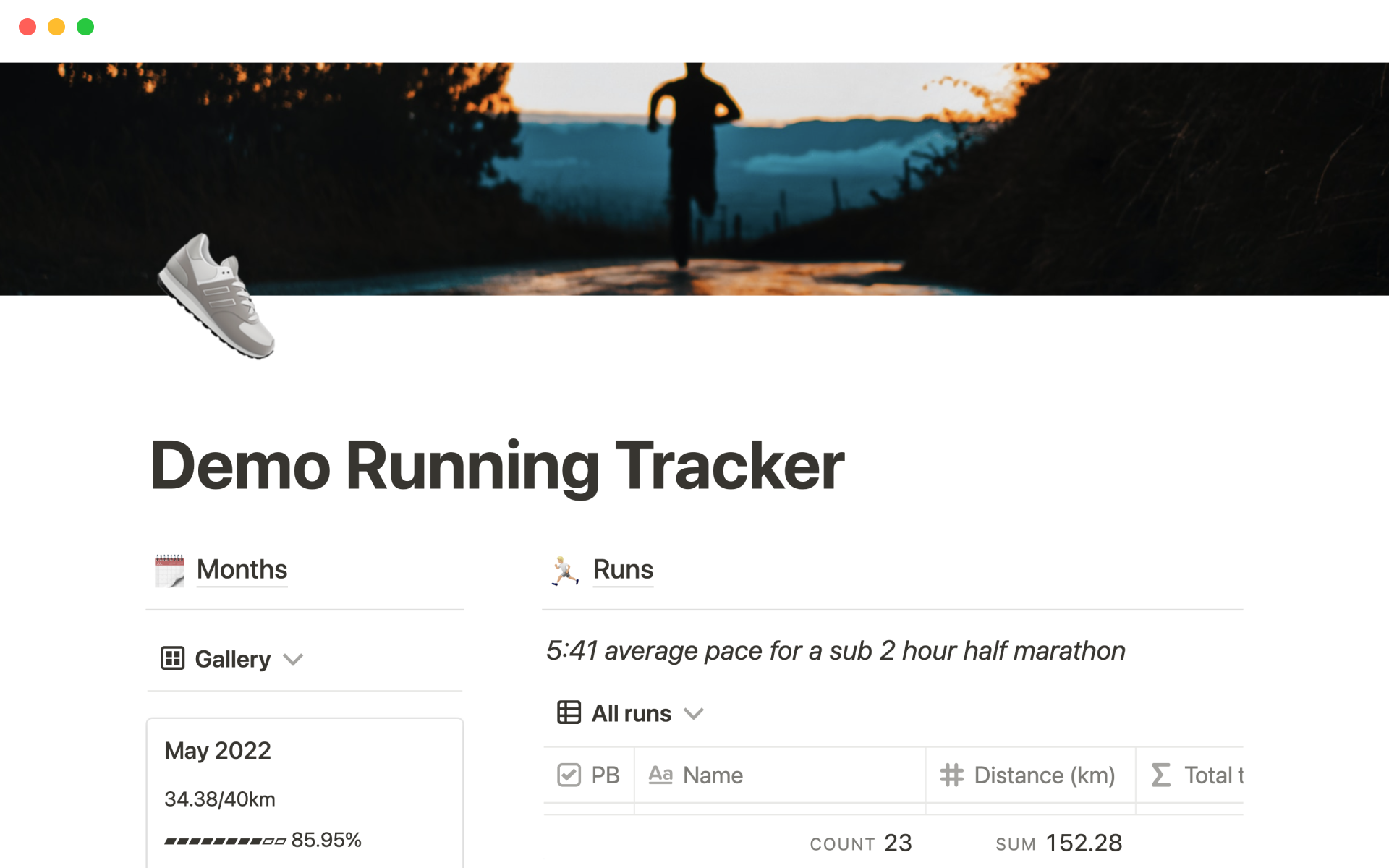 En förhandsgranskning av mallen för Running tracker