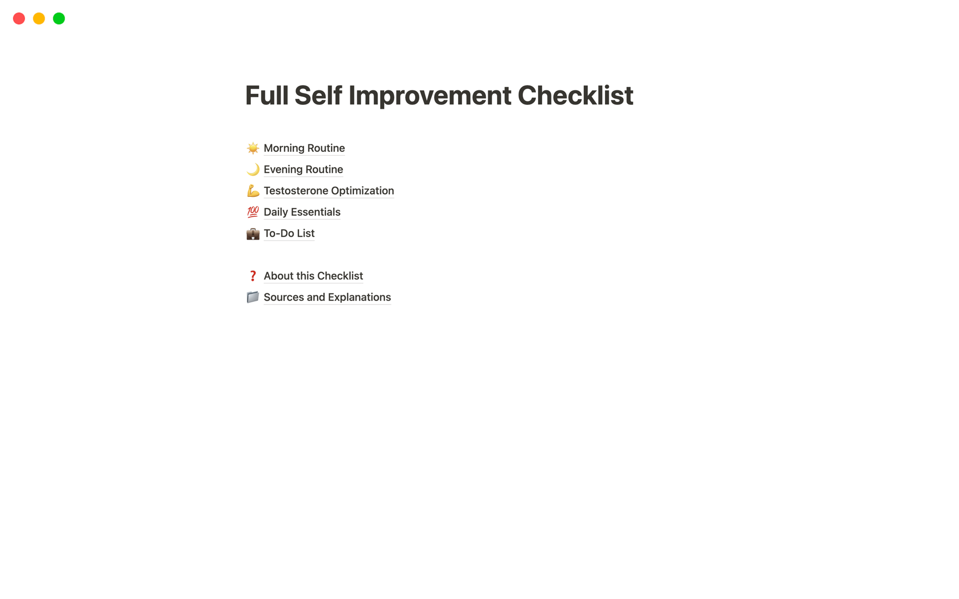 Full Self Improvement Checklistのテンプレートのプレビュー
