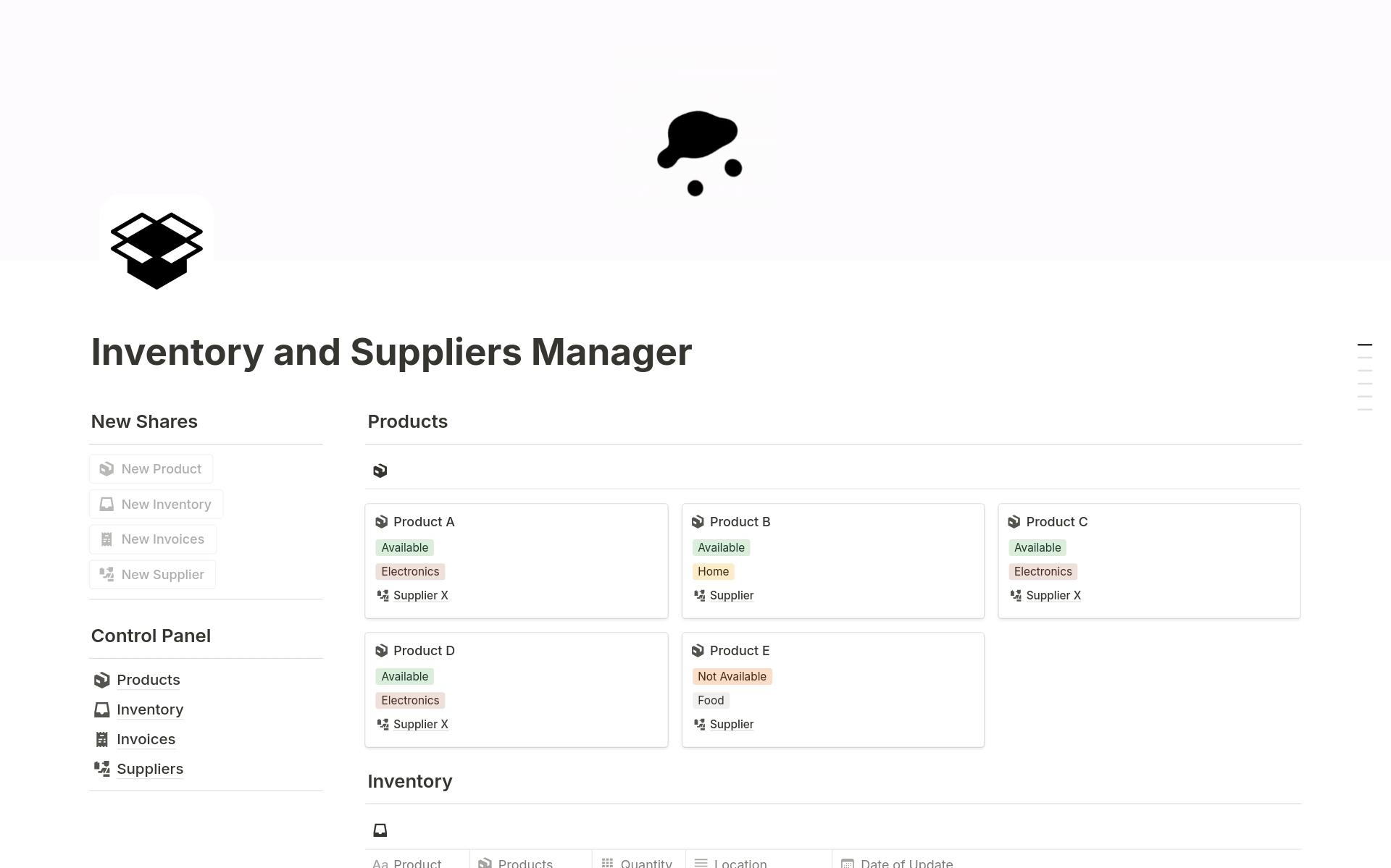 A template preview for Inventory and Suppliers Manager