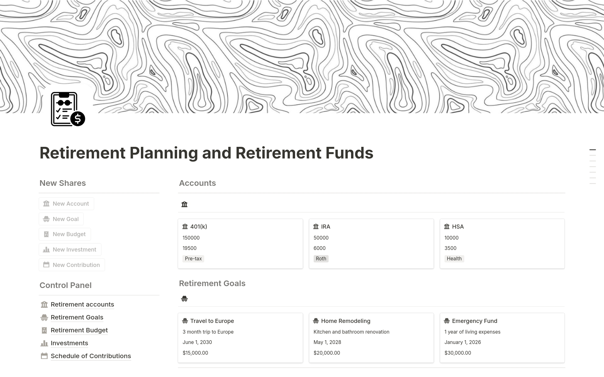 A template preview for Retirement Planning and Retirement Funds