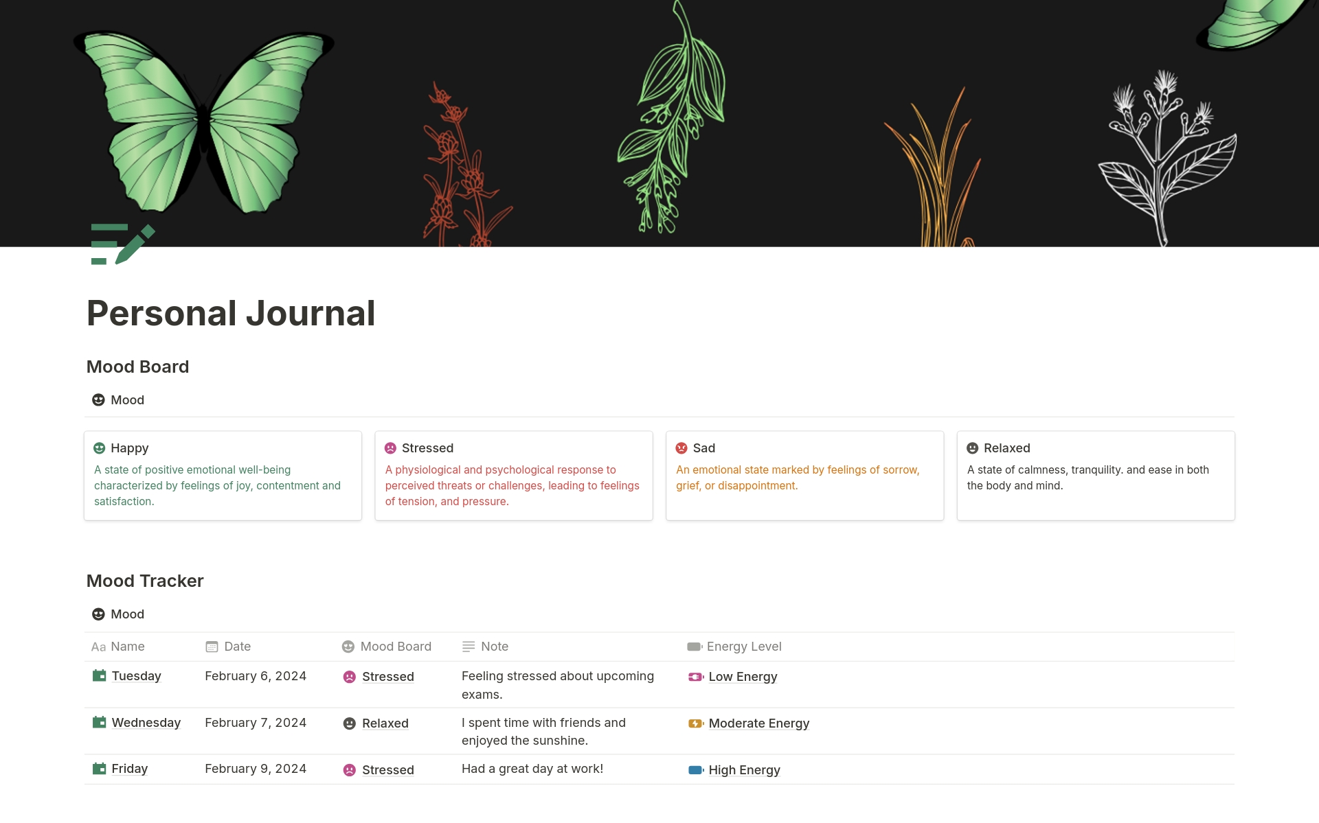 The Personal Journal Notion template is your all-in-one digital sanctuary for self-reflection, growth, and daily tracking.