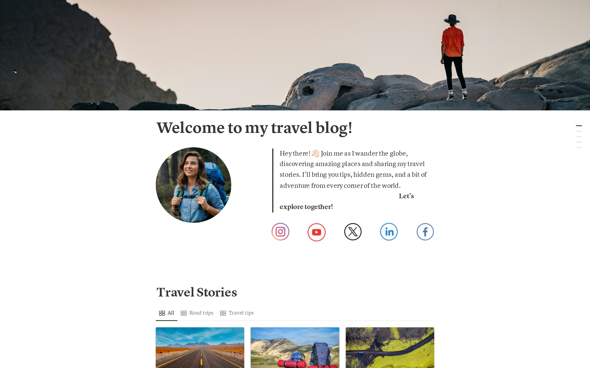 Share your travel experiences into captivating stories with this Travel Blog Notion template. Publish stories, itineraries, and travel tips effortlessly, enhanced by interactive maps and photo galleries. Seamlessly integrate social media updates to reach a global audience.