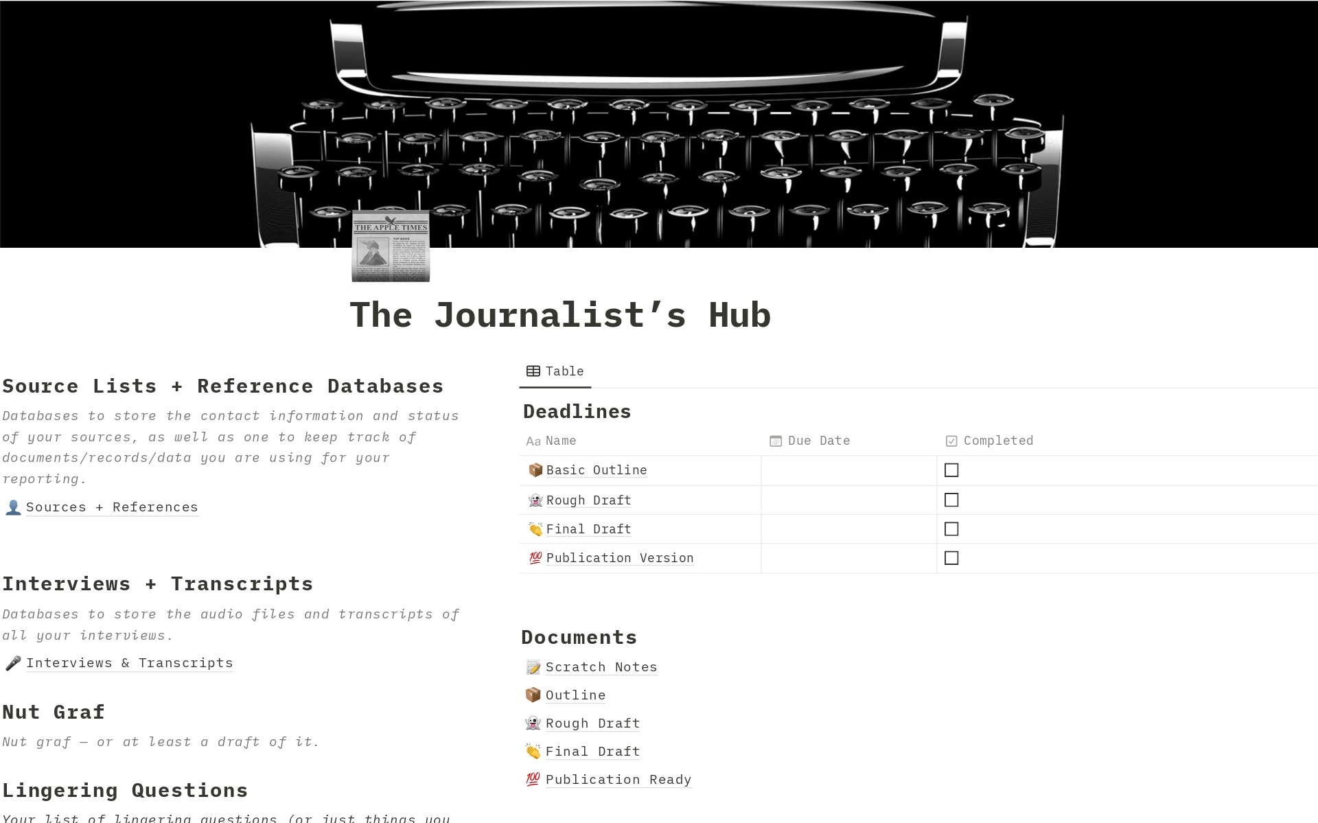 En förhandsgranskning av mallen för The Journalist's Hub