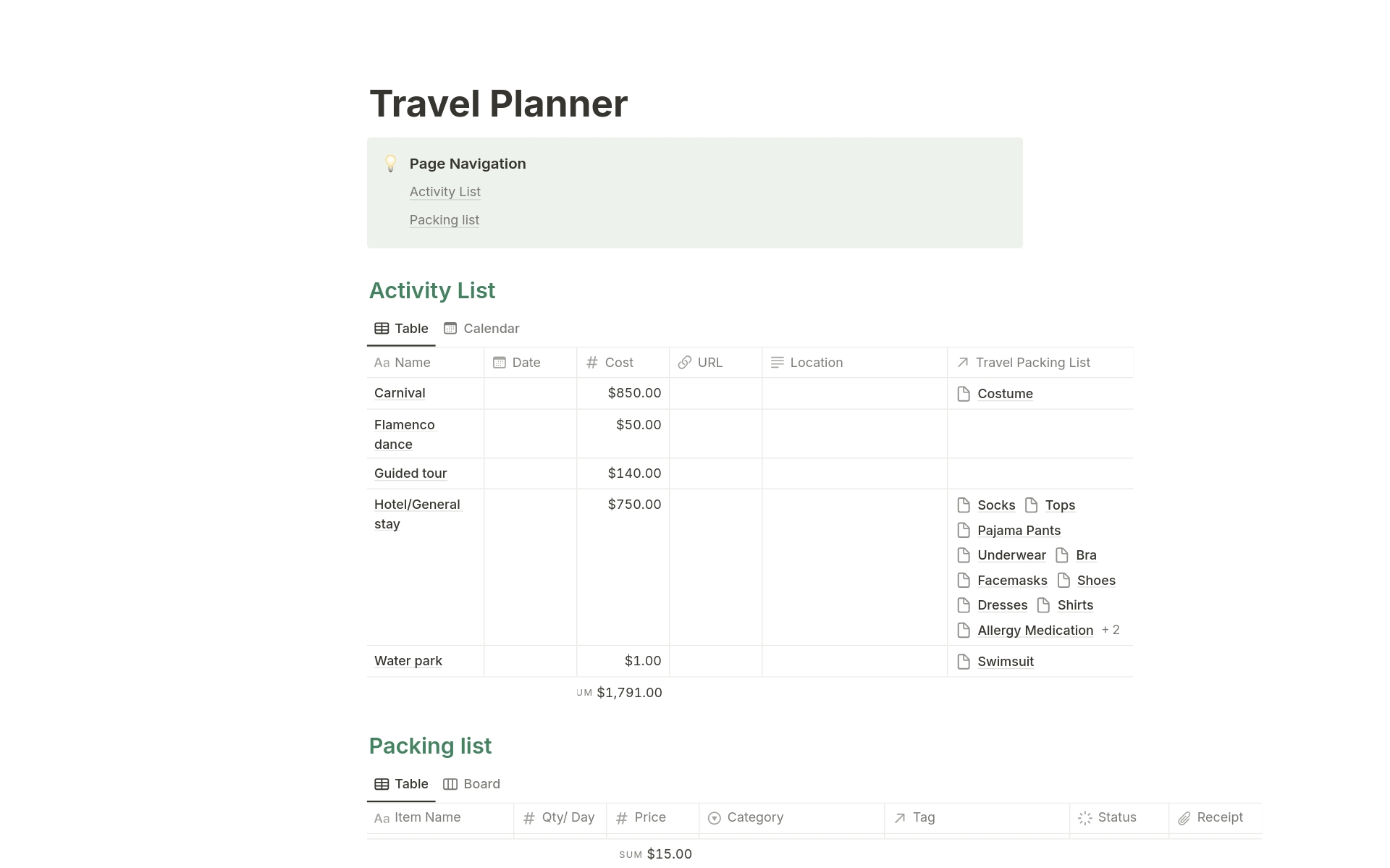 En forhåndsvisning av mal for Simple Travel Activity & Packing Planner