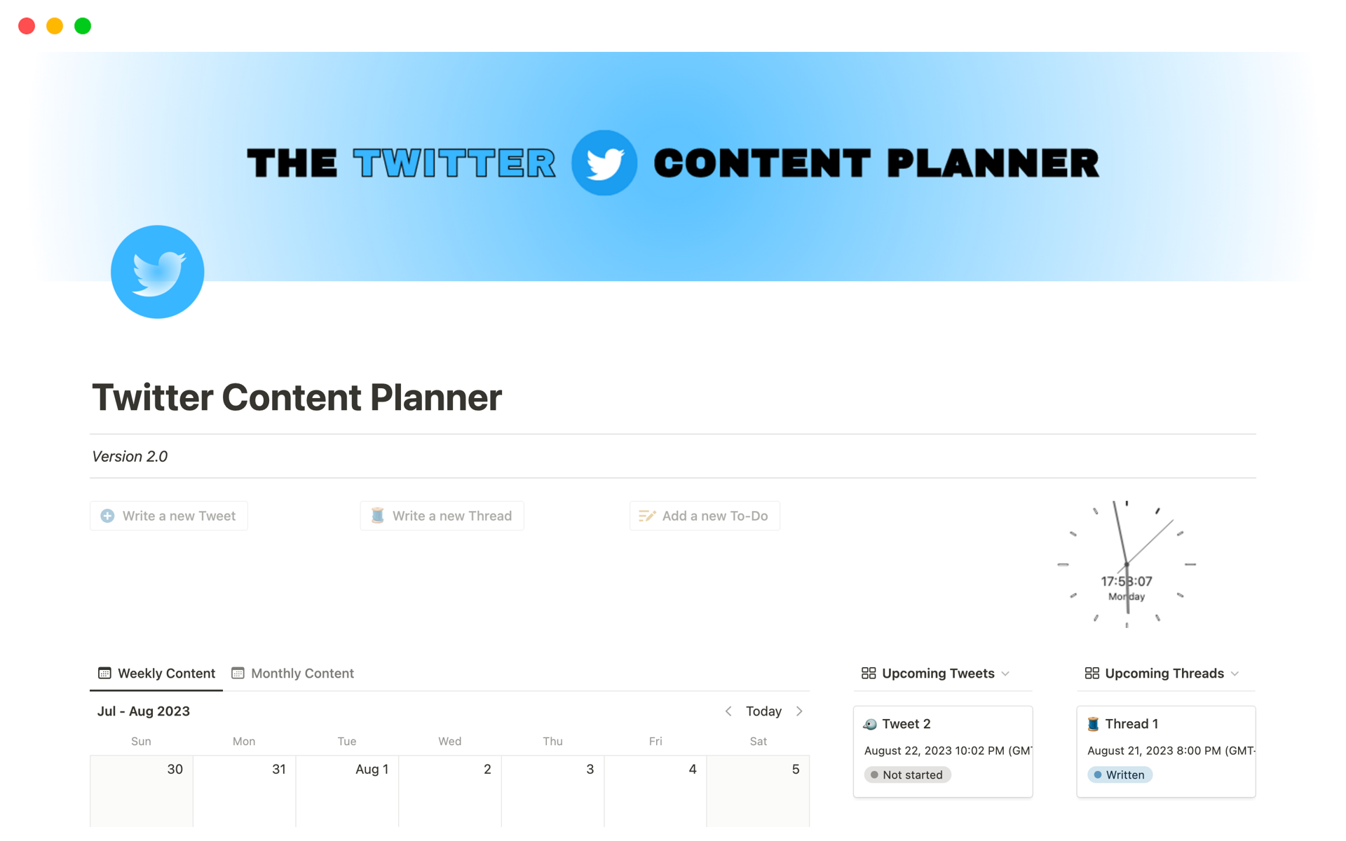 Vista previa de plantilla para Twitter Content Planner
