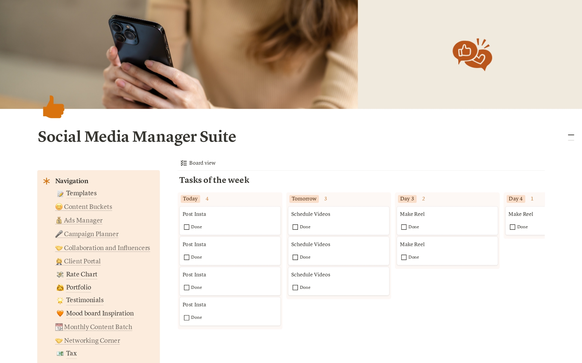 A straightforward workspace for social media managers.

You will love this template if:
✅ You are a social media manager
✅ You love Notion=
✅ You want a multi-functional and easy management system to manage your projects
✅ You would like to customize it according to your needs