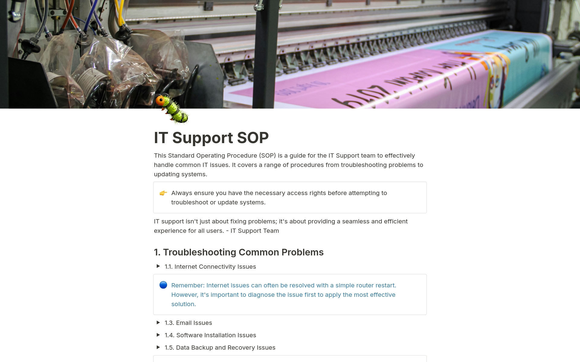 Efficiently resolve IT issues with this SOP template, covering troubleshooting, system updates, and user support.