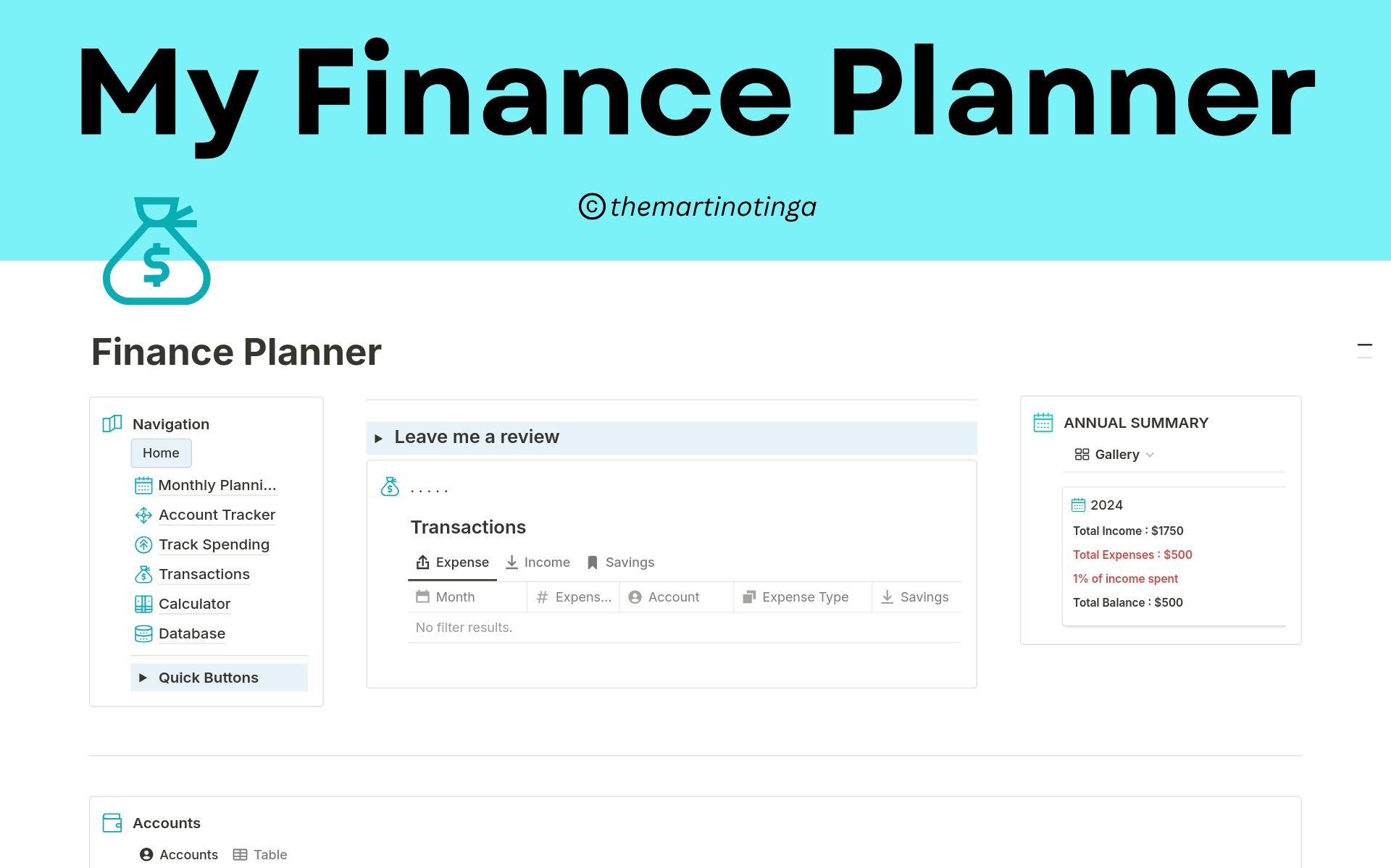 En forhåndsvisning av mal for My Finance Planner