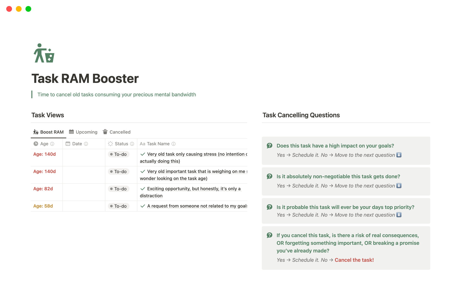 A template preview for Task RAM Booster