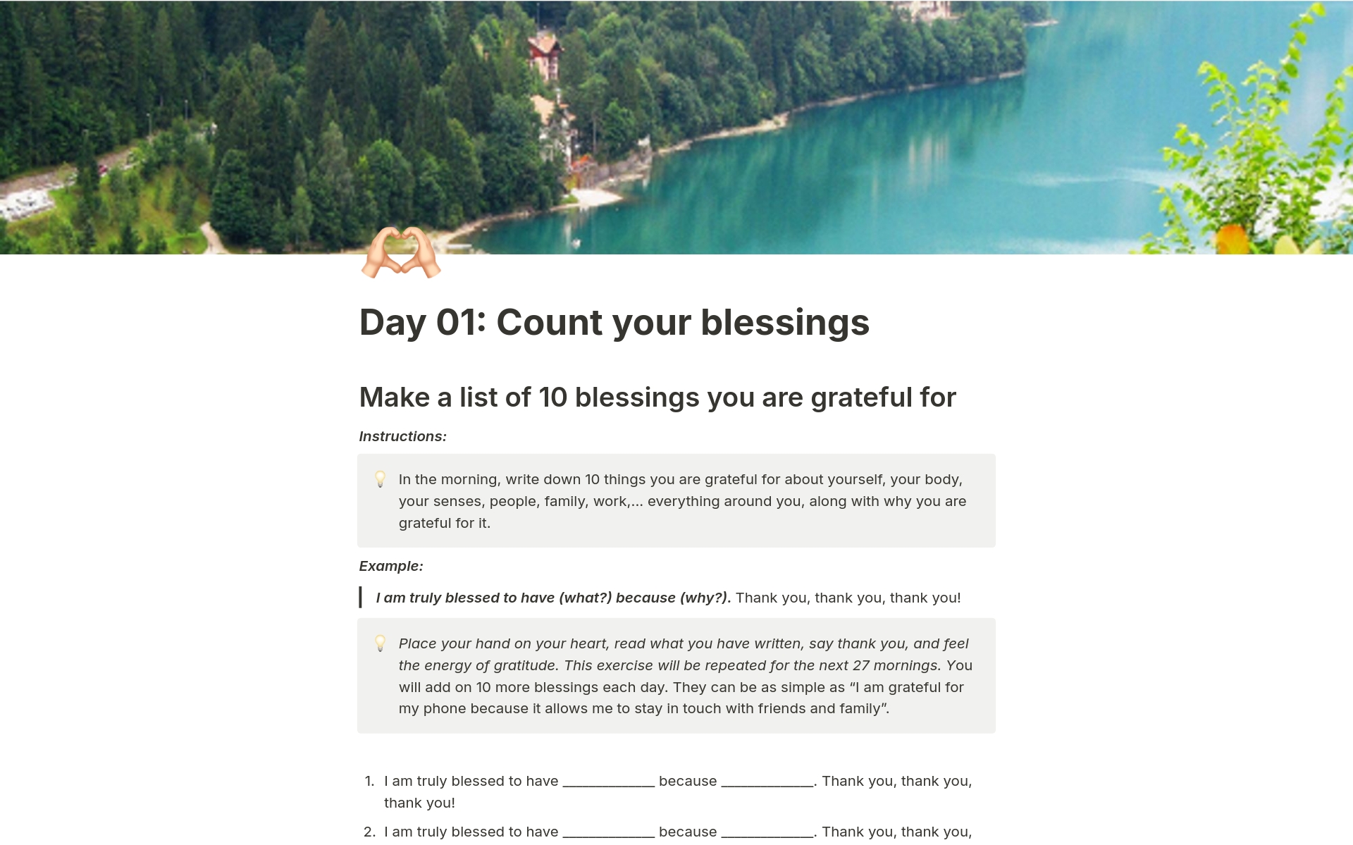Transform your life with our Notion template inspired by 'The Magic' by Rhonda Byrne, organizing blessings and practicing 28 days of gratitude to harness the law of attraction.