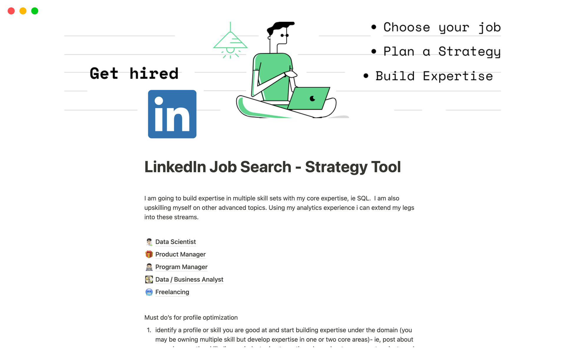 En forhåndsvisning av mal for LinkedIn Job Search - Strategy Tool