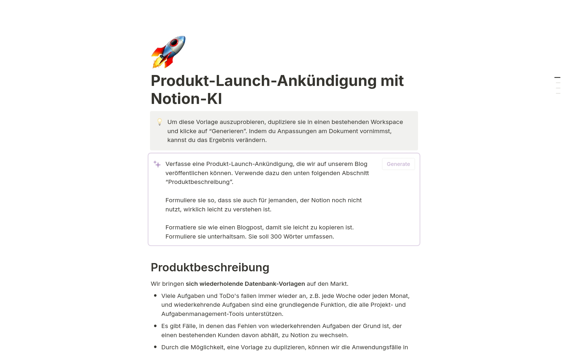 Eine Vorlagenvorschau für Produkt-Launch-Ankündigung mit Notion-KI