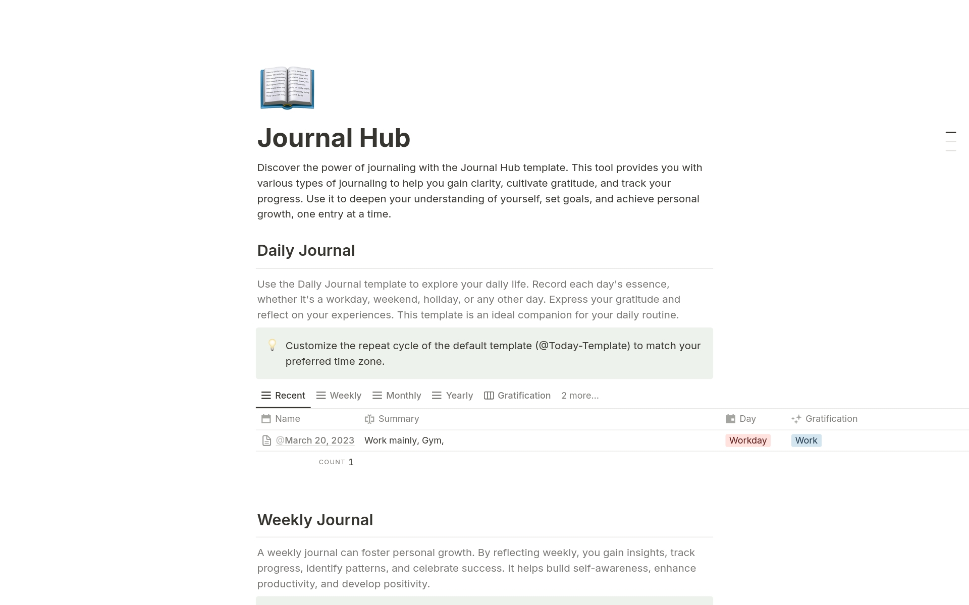 En forhåndsvisning av mal for Journal Hub (Daily, Weekly, Yearly)