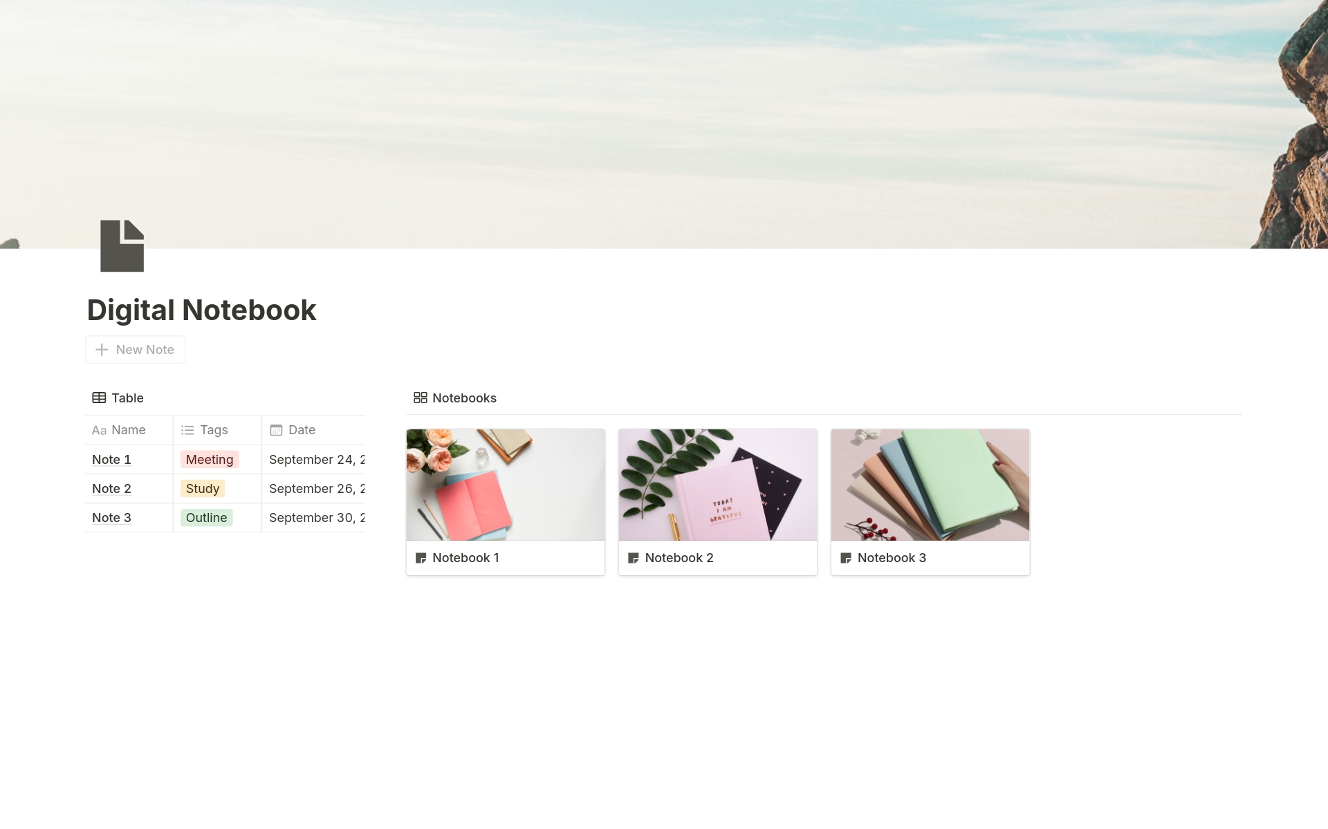 This beginner-friendly Digital Notebook Template can help you get started. With customizable sections and a clean interface, categorizing your notes and ideas into different notebooks becomes simple!