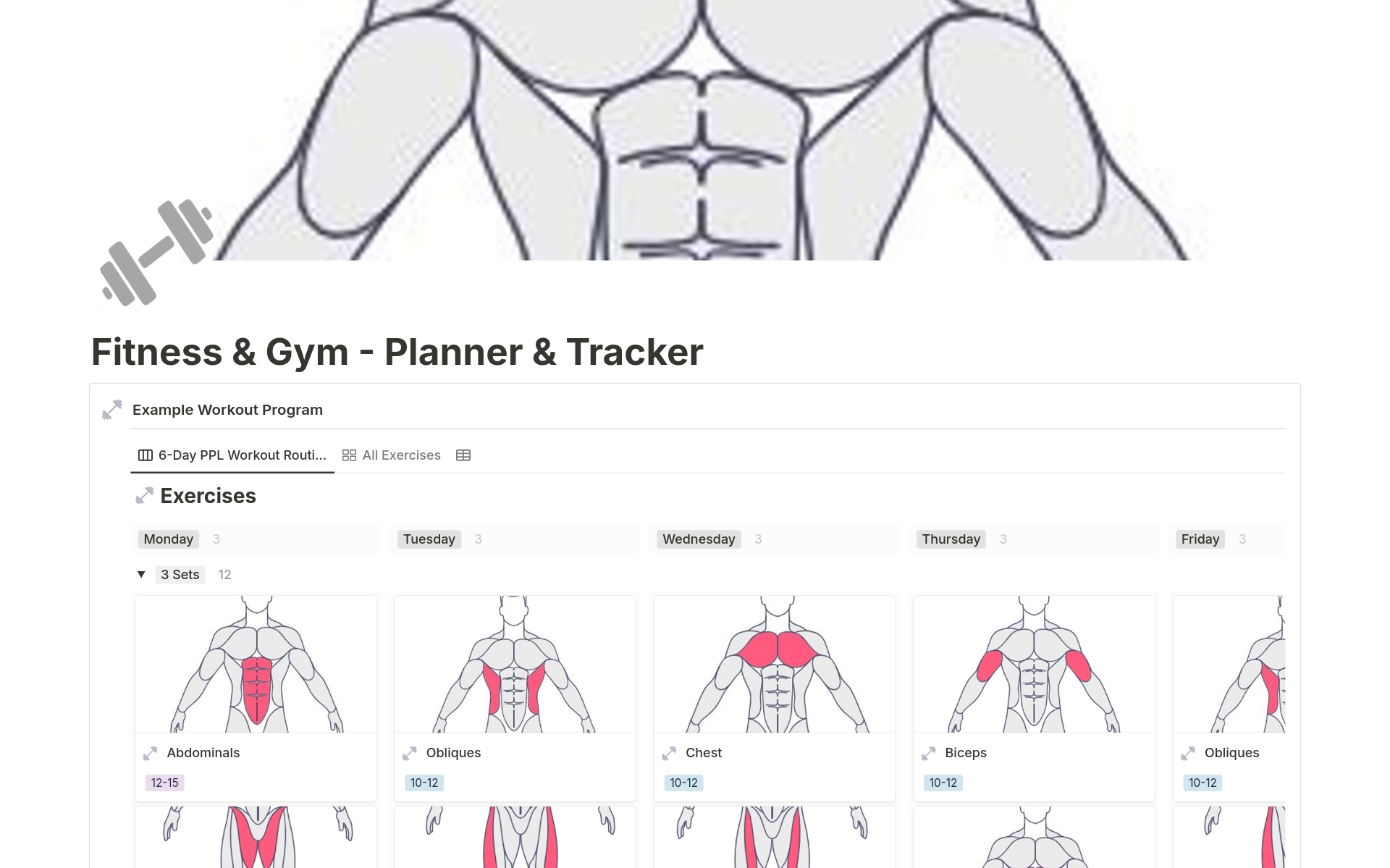 This Notion fitness and gym planner helps you achieve your fitness goals with sections for different muscle groups, links to instructional videos, workout tracking, goal setting, and progress monitoring, providing a customizable and structured approach to fitness.