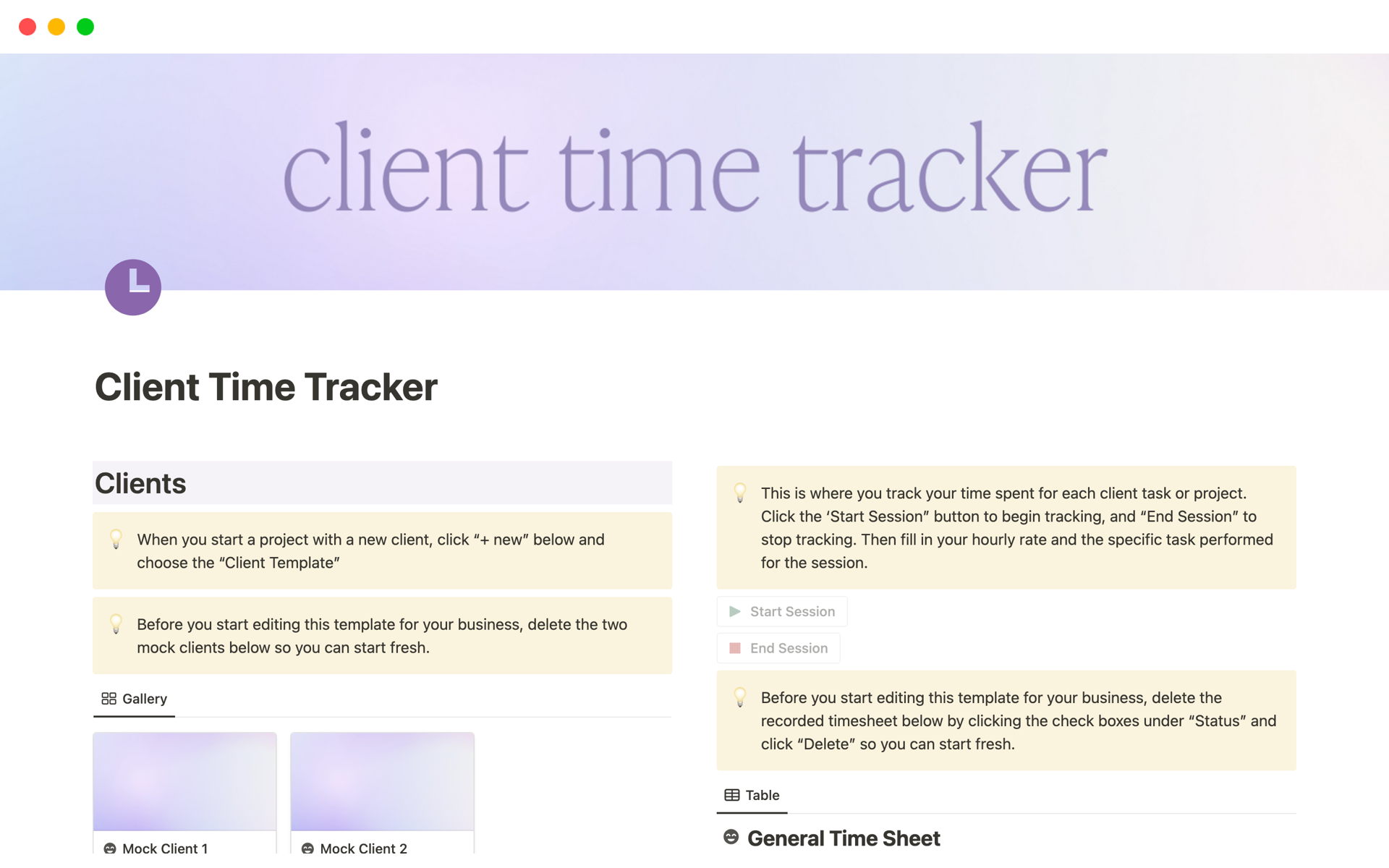 En förhandsgranskning av mallen för Freelance Client Time Tracker