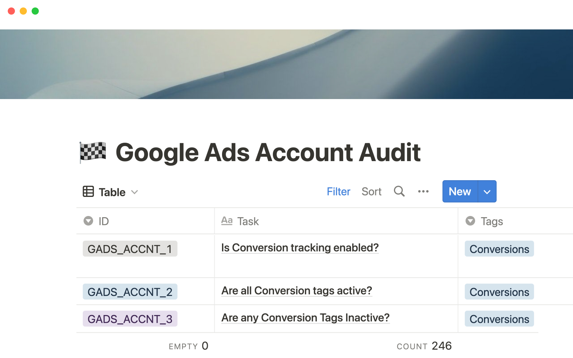 Uma prévia do modelo para Google Ads account audit