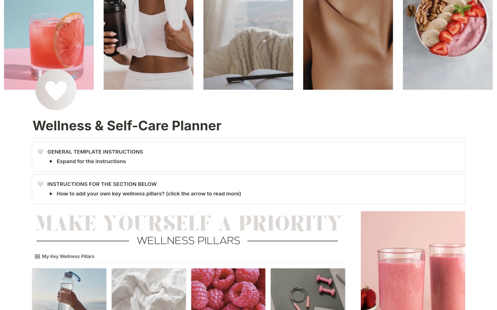 This template is designed to support your wellness and self-care journey, providing a simple framework to organize your exercise, self-care, and beauty routines effortlessly. This versatile template adapts to your evolving wellness goals, empowering you to lead a healthier life.