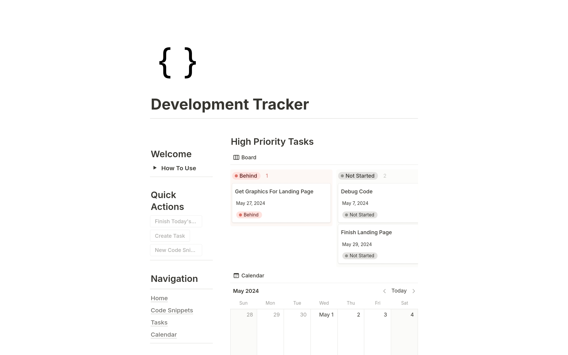 A template preview for Development Tracker