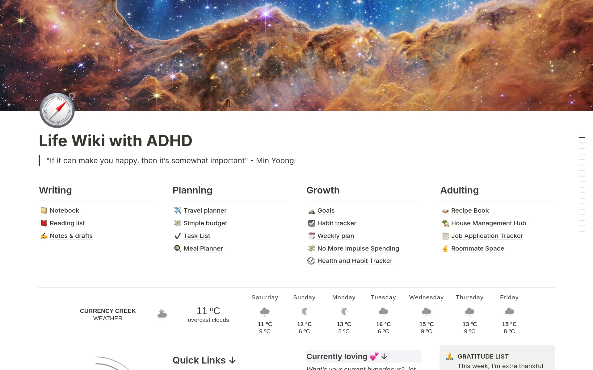 A comprehensive template designed to organize various aspects of life for individuals with ADHD.
This template a versatile tool aimed at enhancing daily productivity and well-being, tailored specifically for those with ADHD.