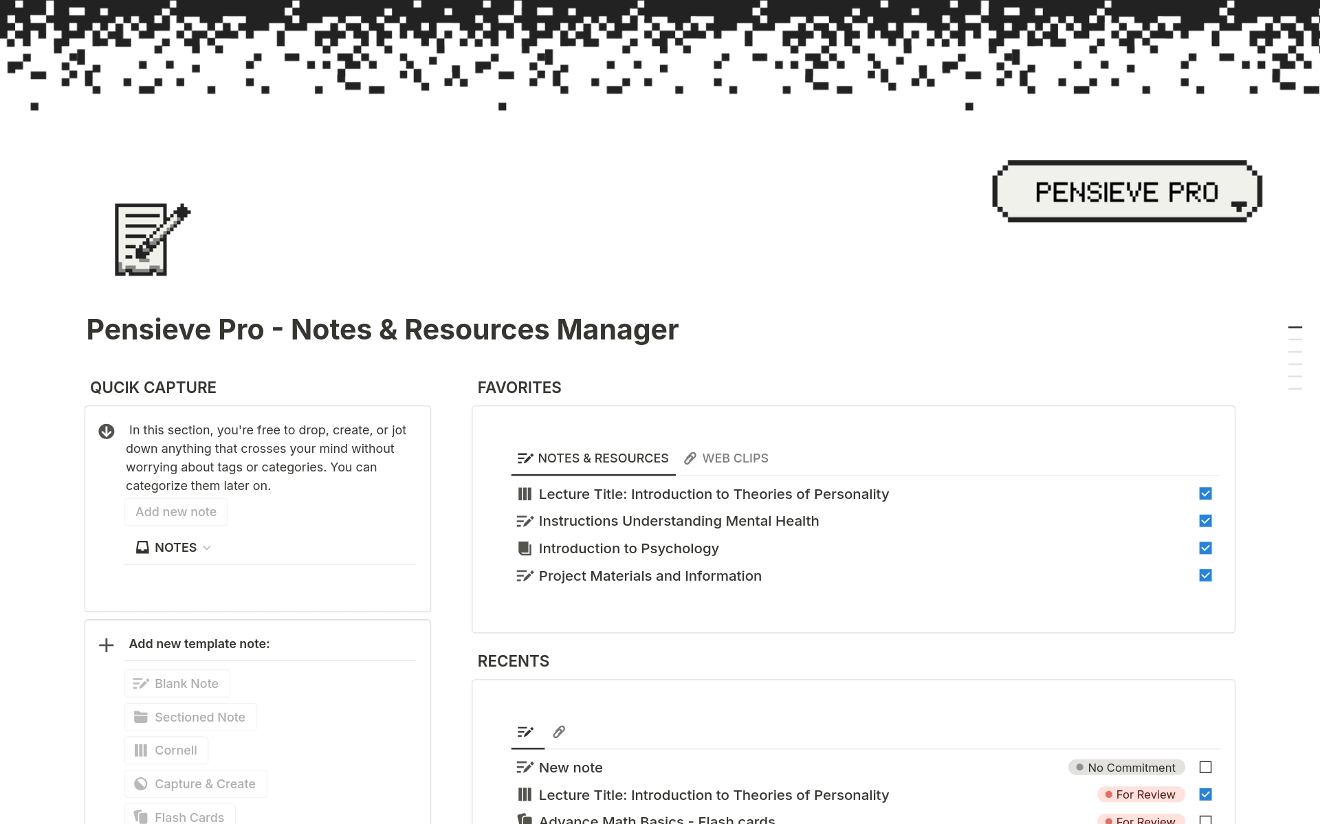 A template preview for Pensieve Pro - Notes & Resource Manager