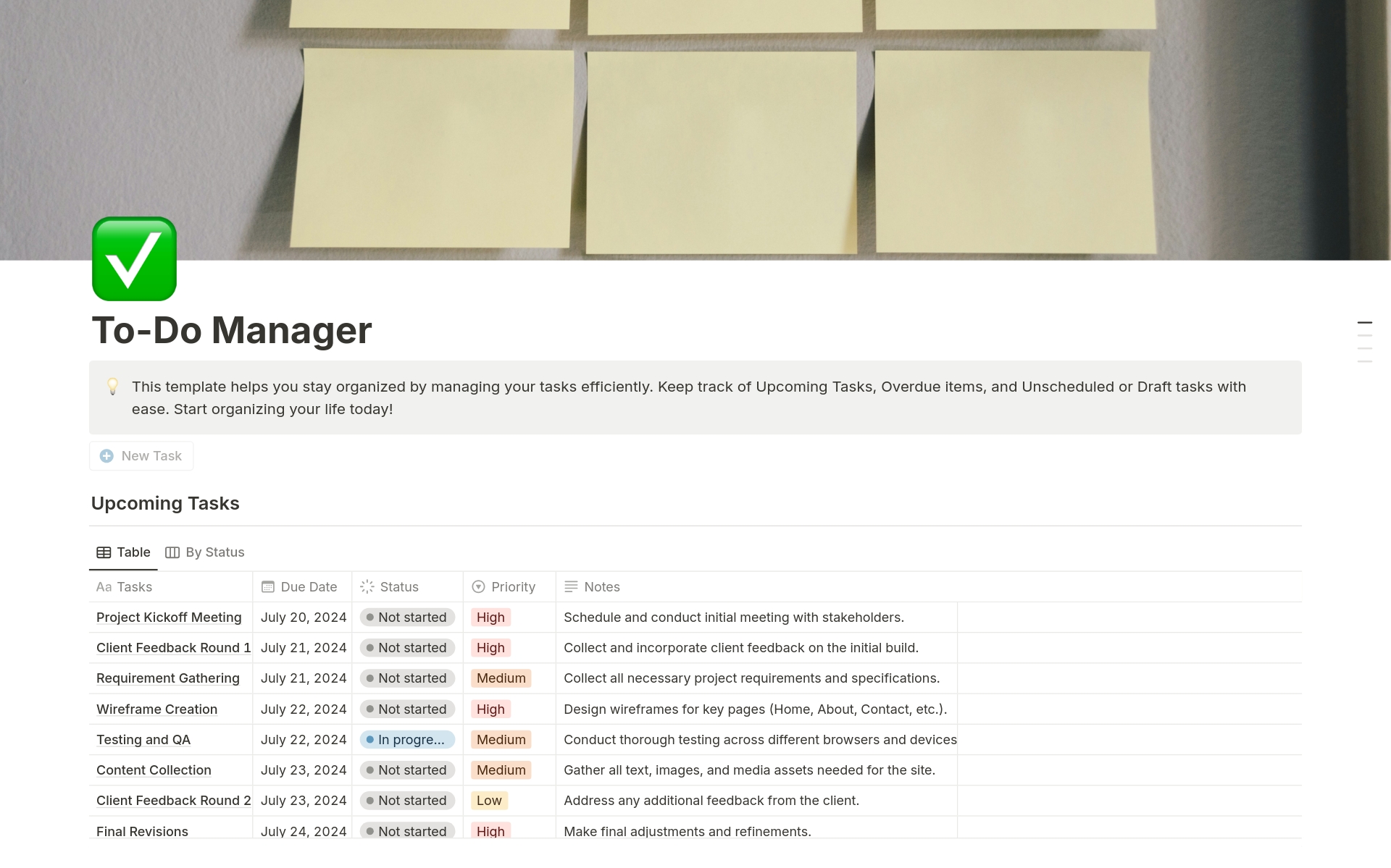 This template helps you stay organized by managing your tasks efficiently. Keep track of Upcoming Tasks, Overdue items, and Unscheduled or Draft tasks with ease. Start organizing your life today!